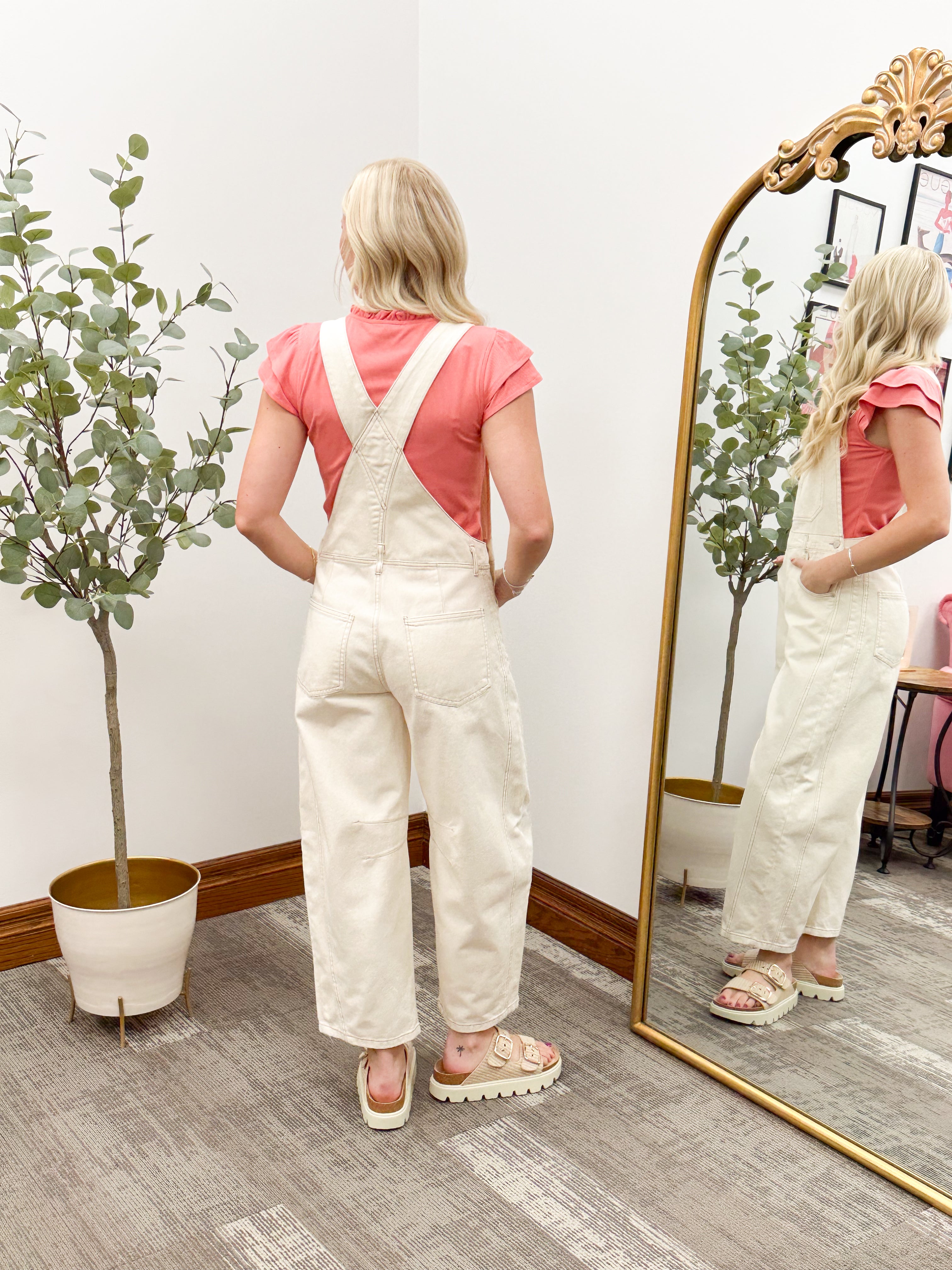 Cream Cropped Barrel Overalls