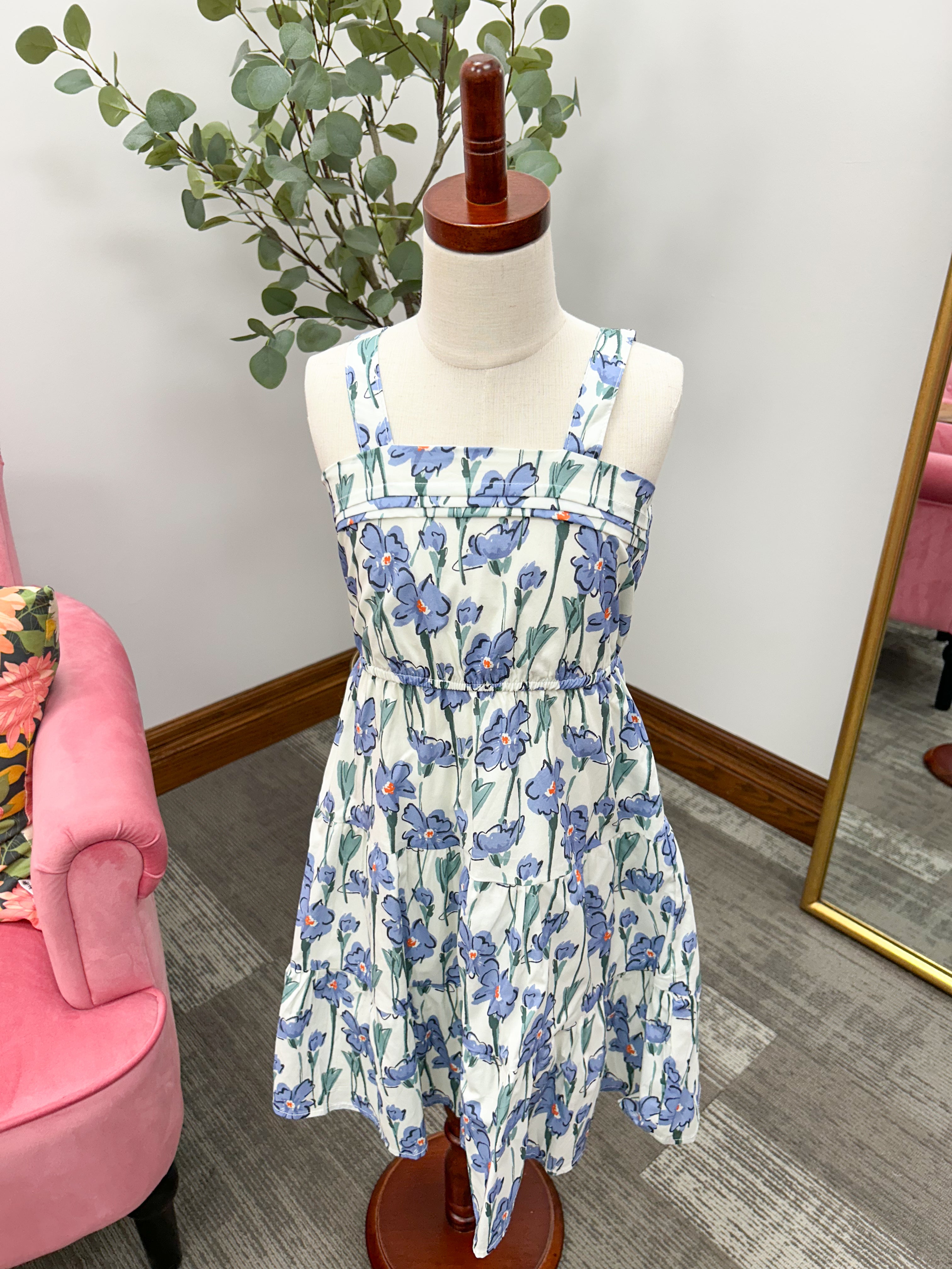 Girls Blue Floral Poplin Dress