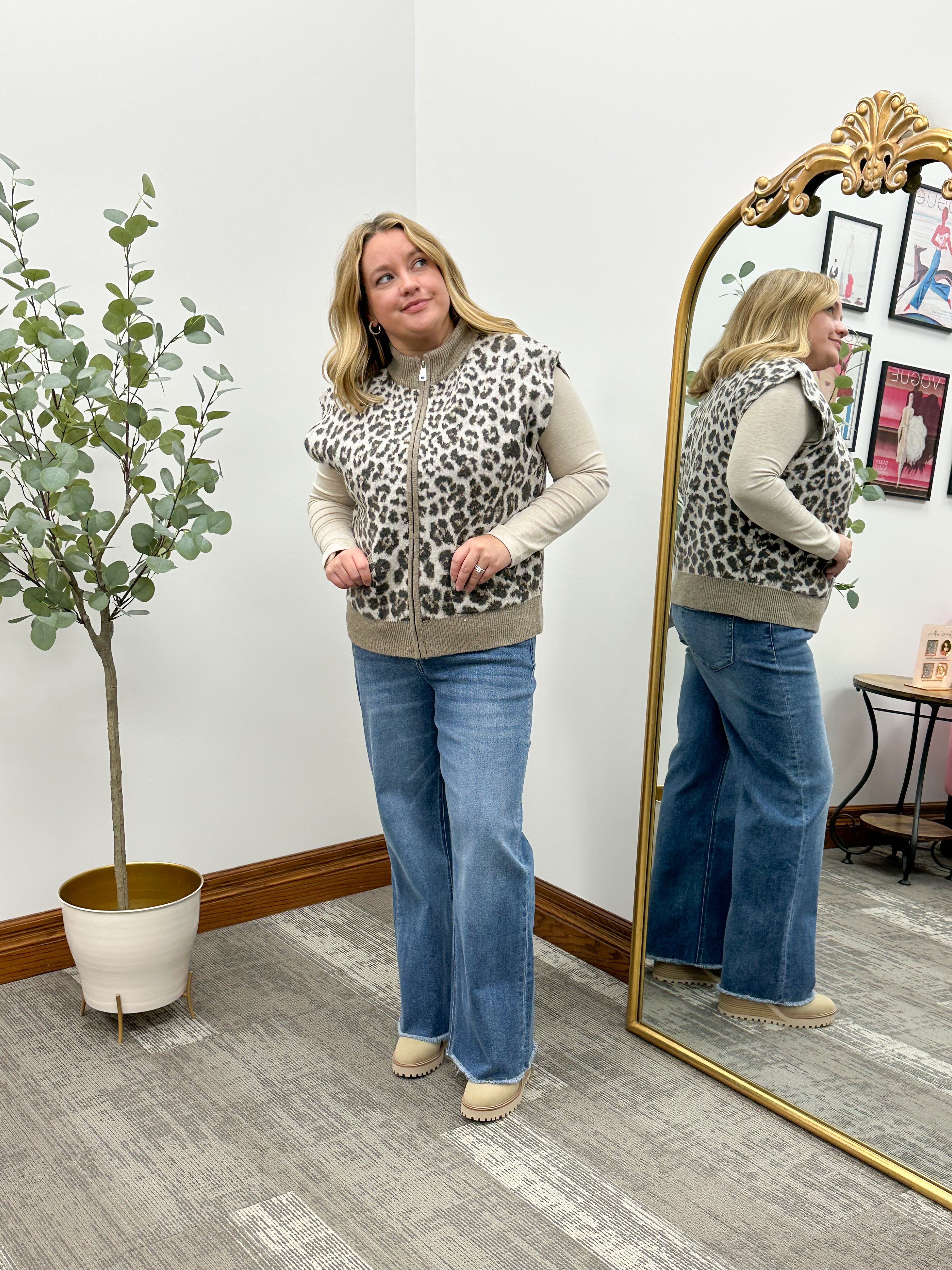 Leopard Print Zip Up Sweater Vest