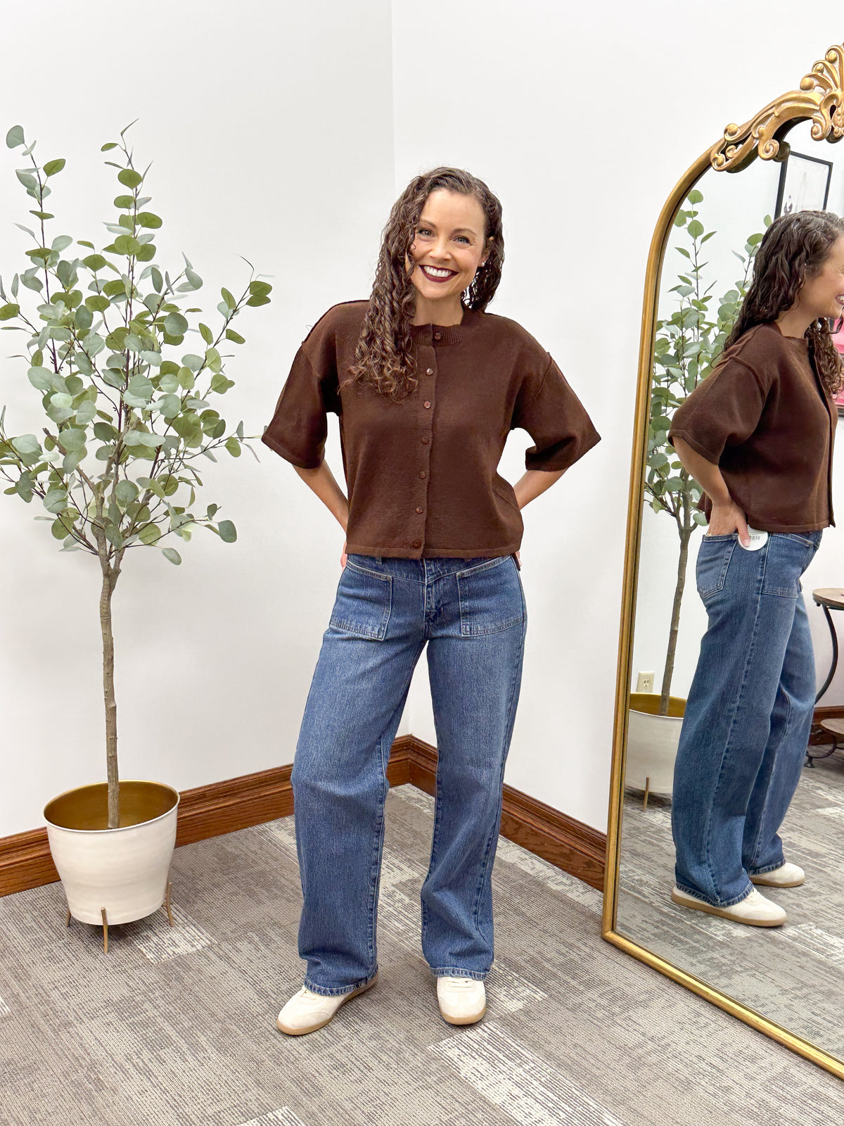 Dark Brown Short Sleeve Button Up Cardigan