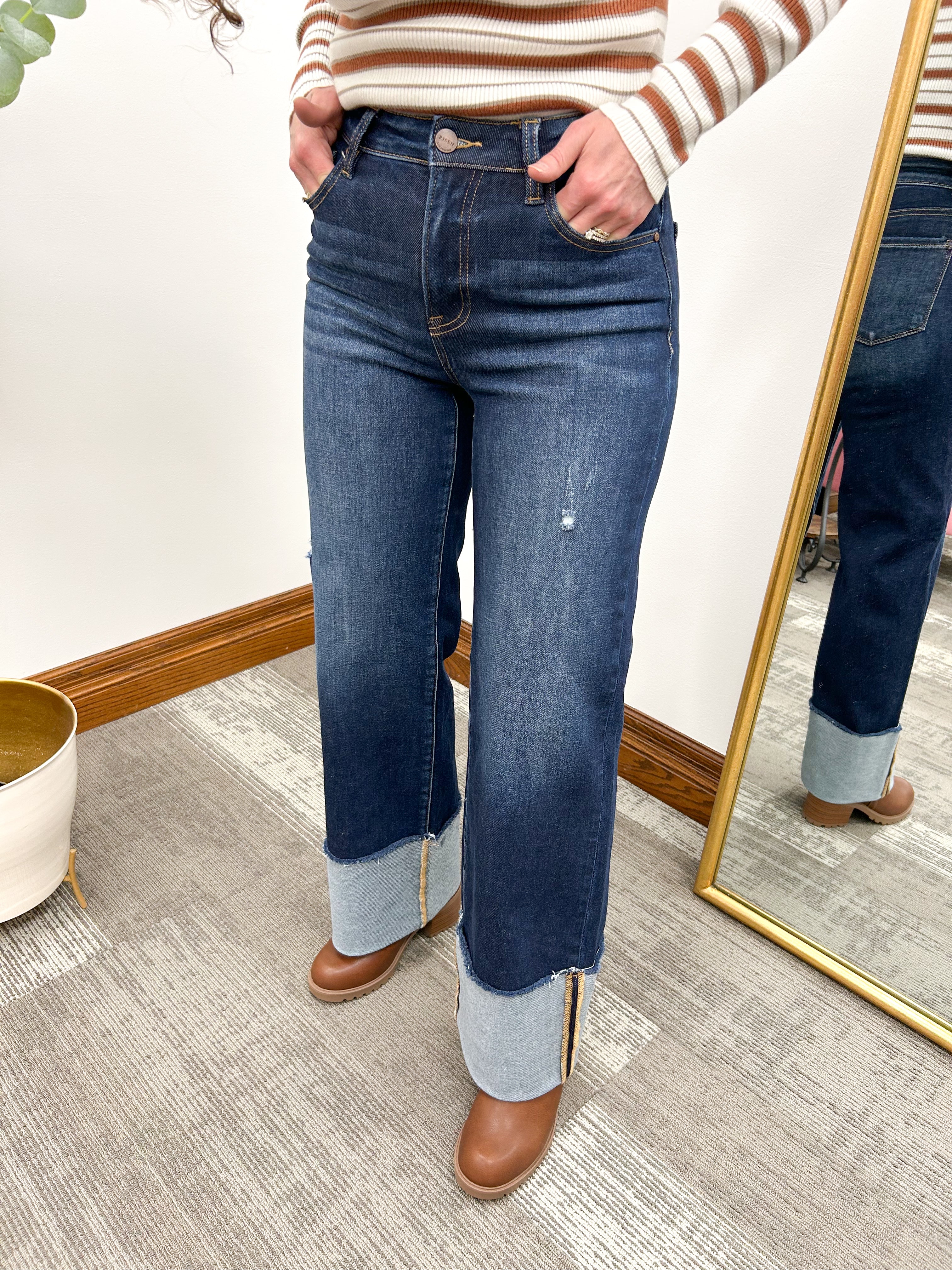 Dark Wash HR Wide Cuff Jeans