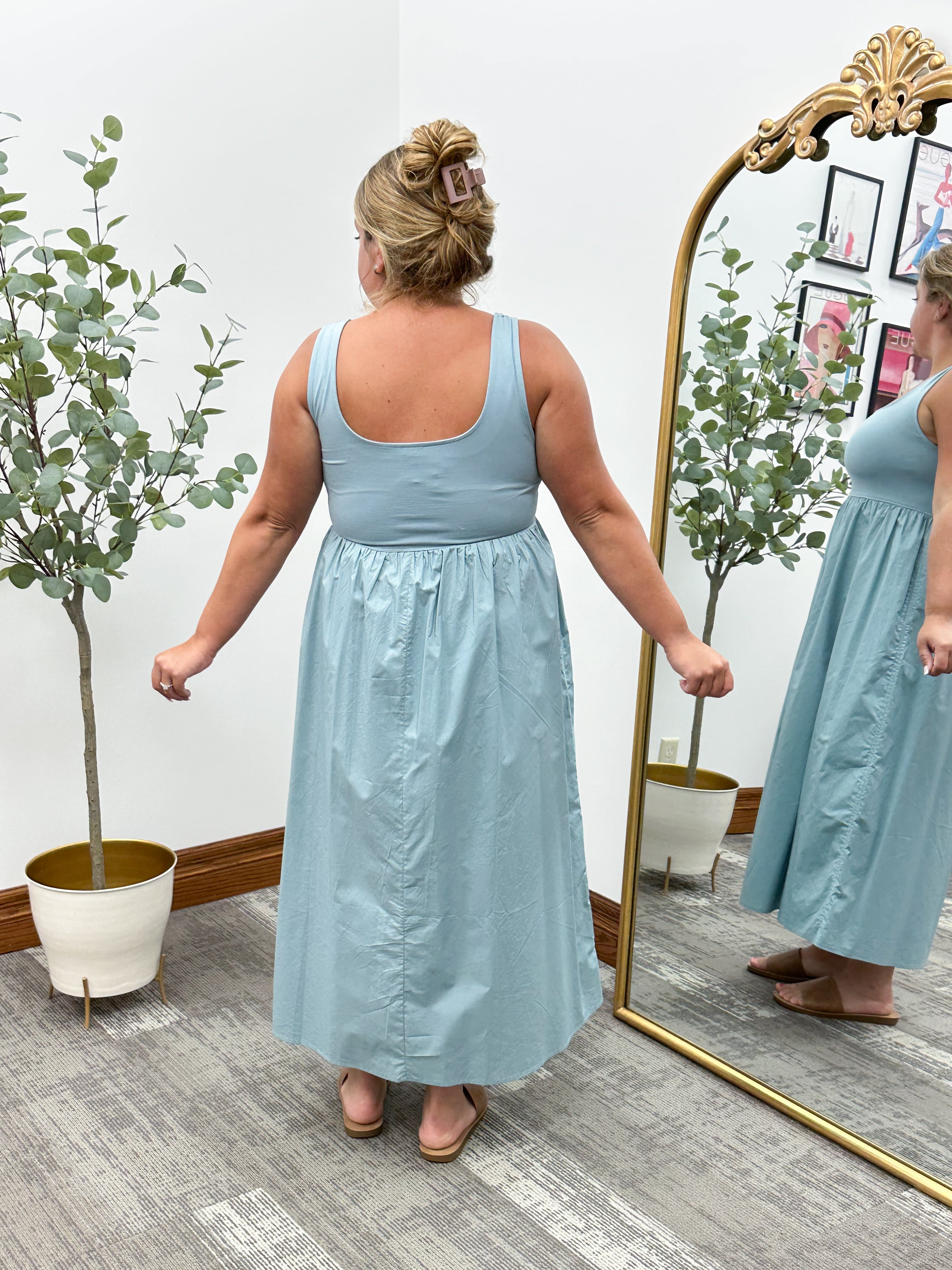 Dusty Blue Mixed Media Midi Dress