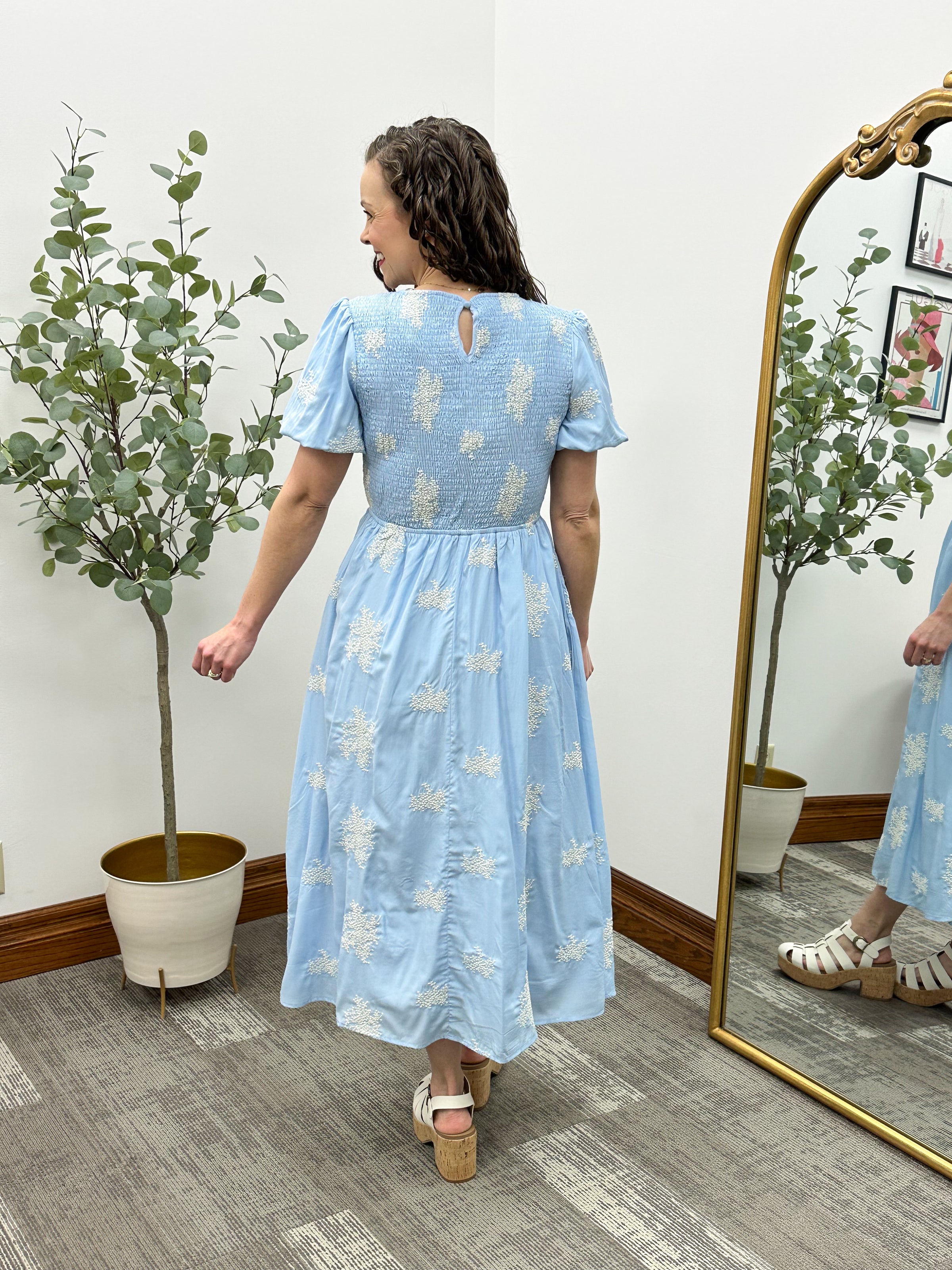 Sky Blue Embroidered Midi Dress