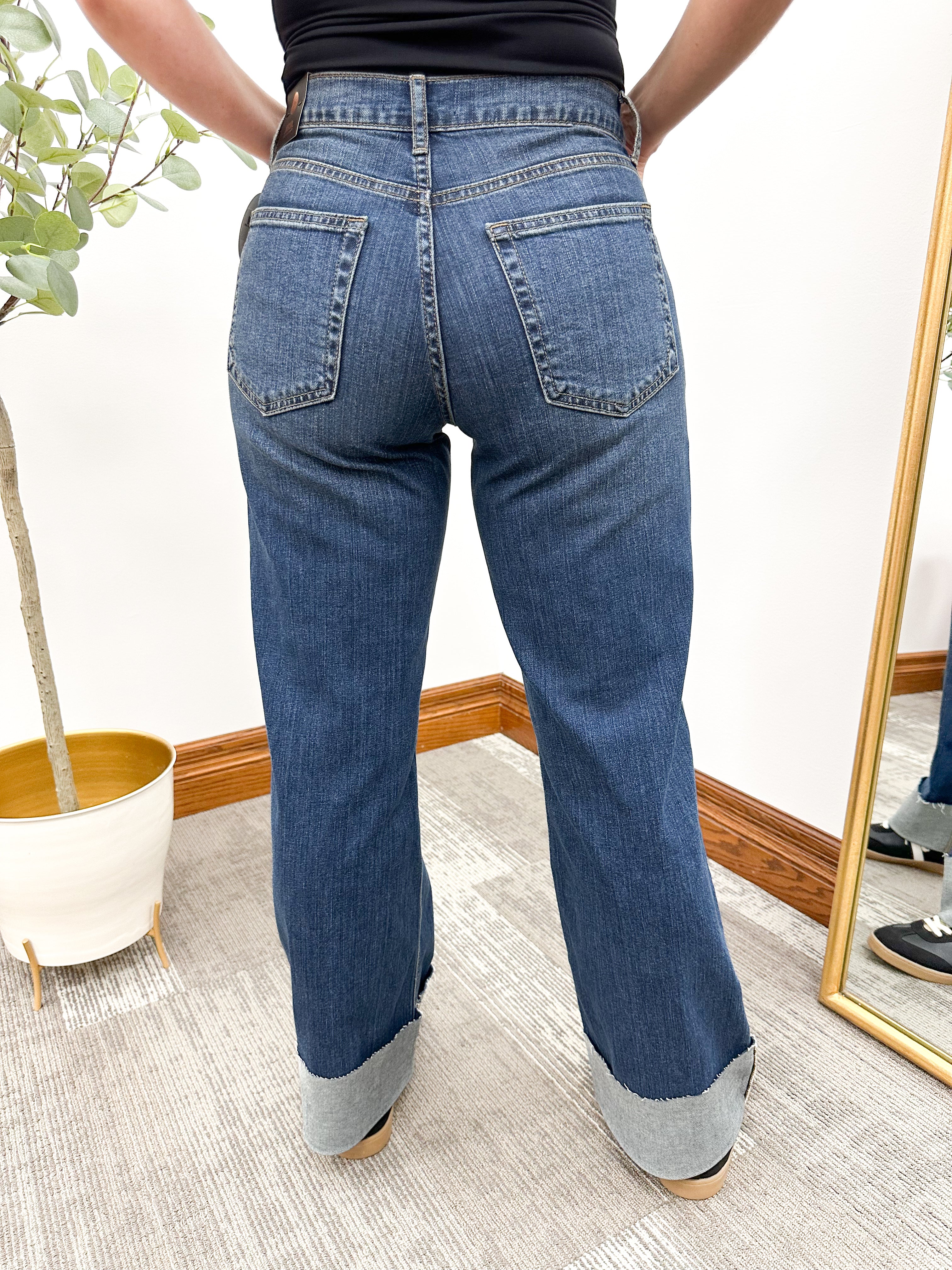 Wide Leg Dark Wash Cuffed Jeans