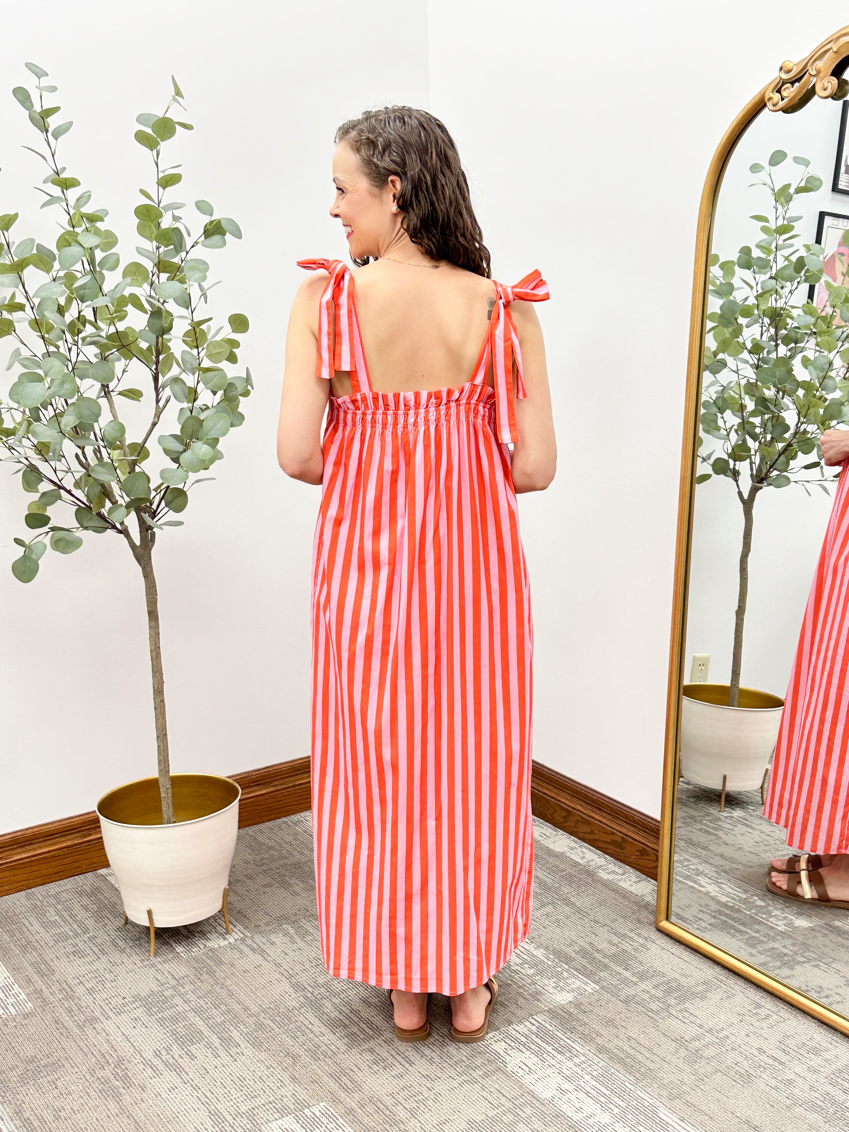 Pink & Red Stripe Tie Strap Midi Dress