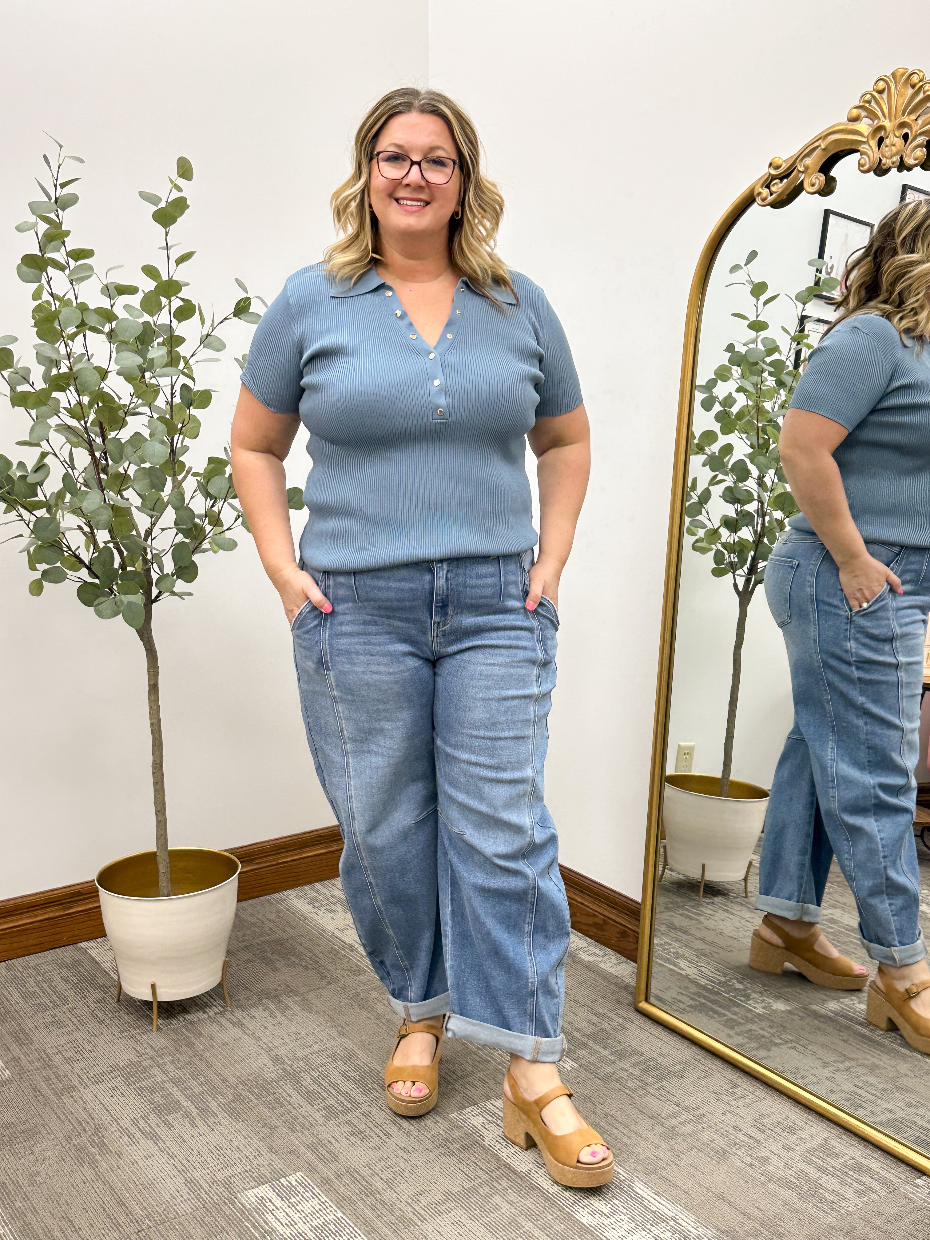 Dusty Blue Gold Button Ribbed Top