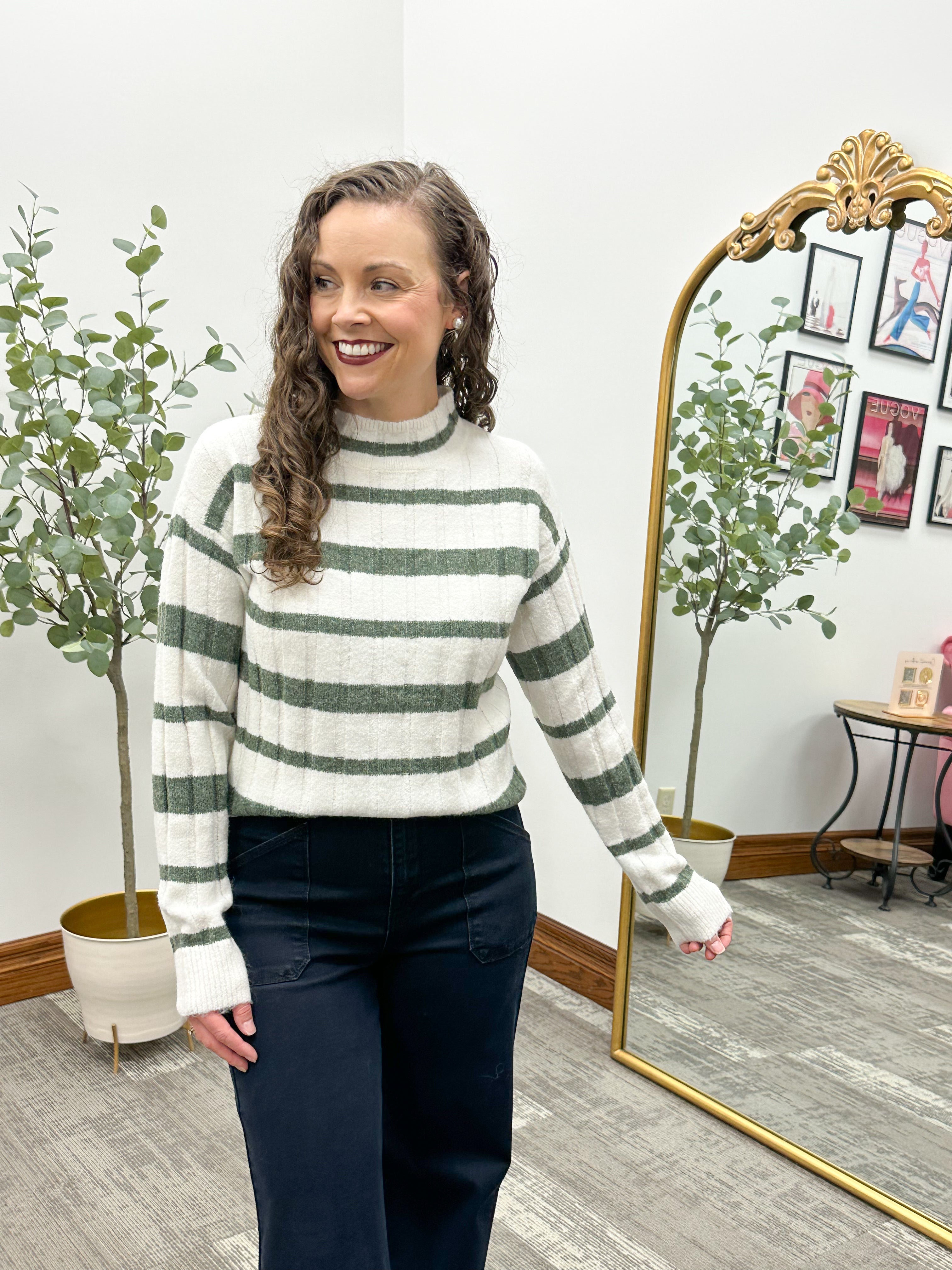 Olive Green Striped Mockneck Sweater