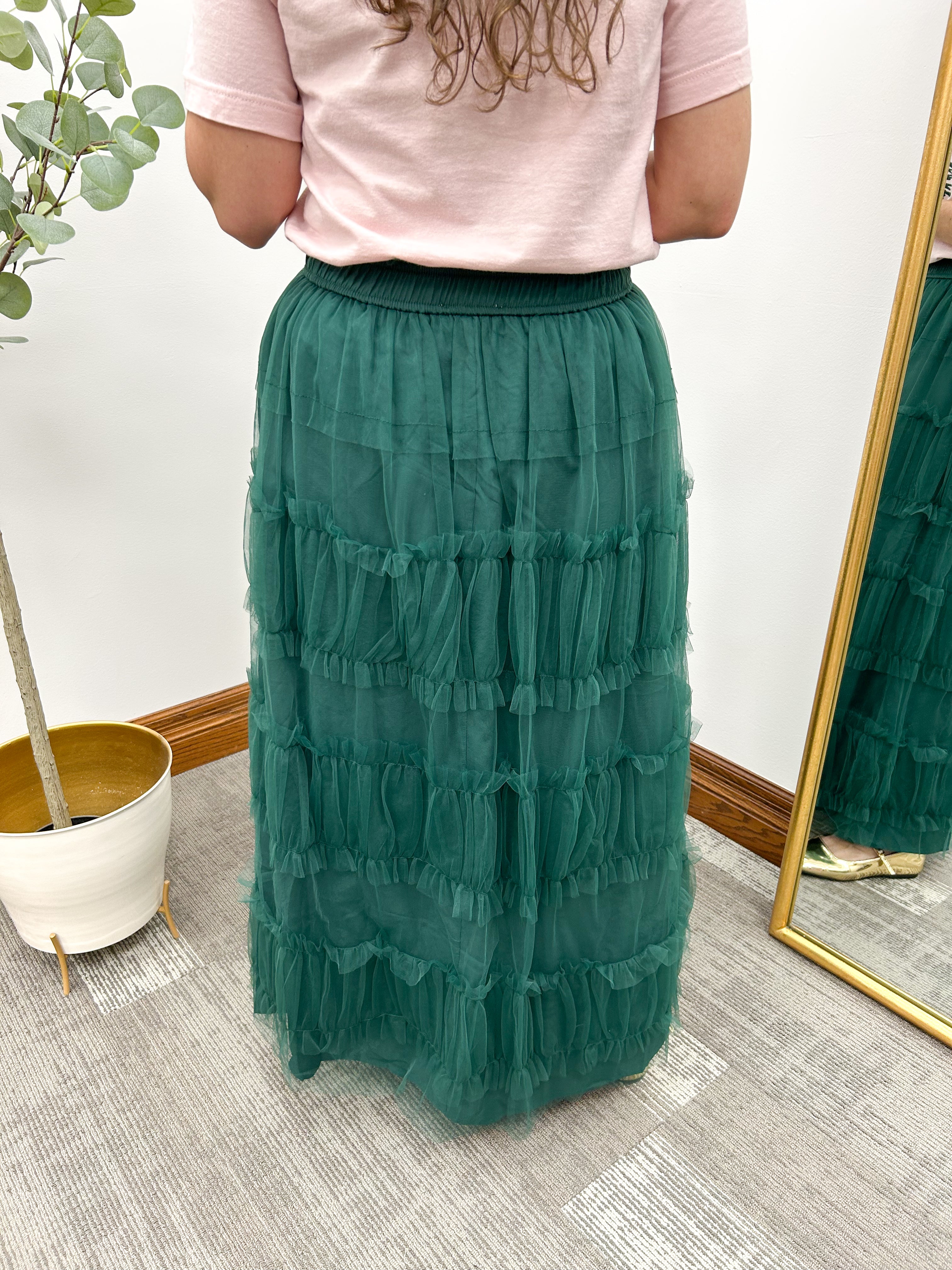 Green Tiered Mesh A-Line Maxi Skirt
