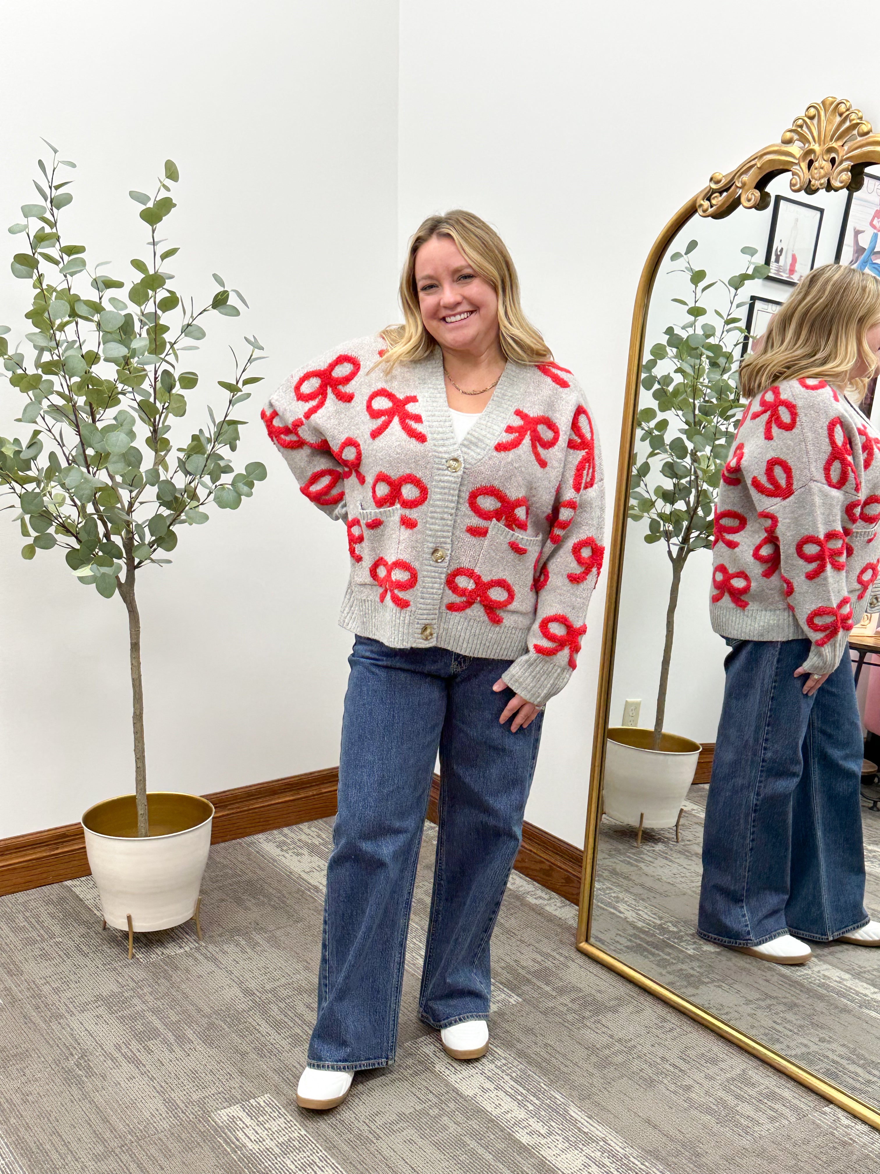 Gray Red Bow Cardigan