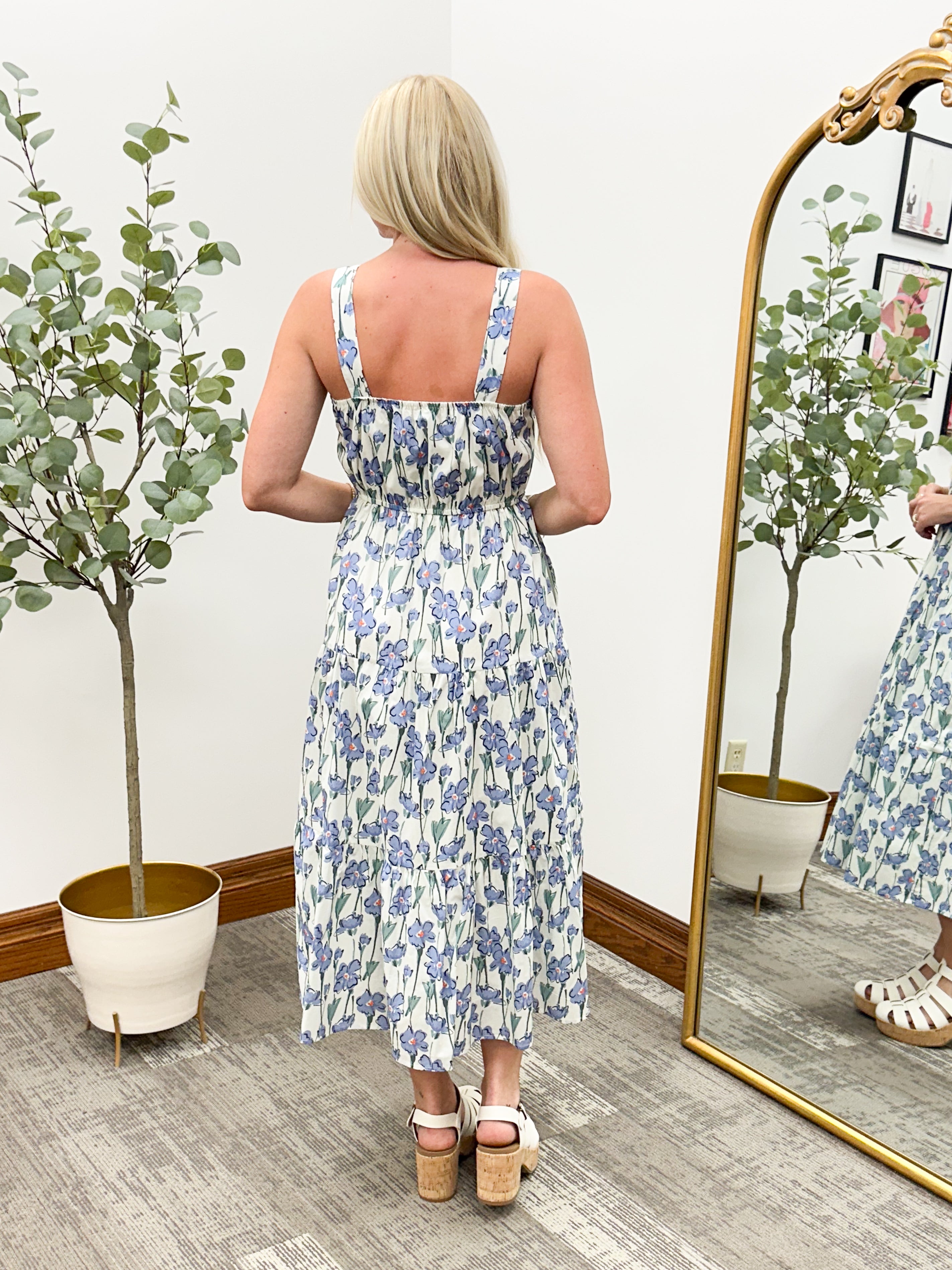 Blue Floral Poplin Midi Dress