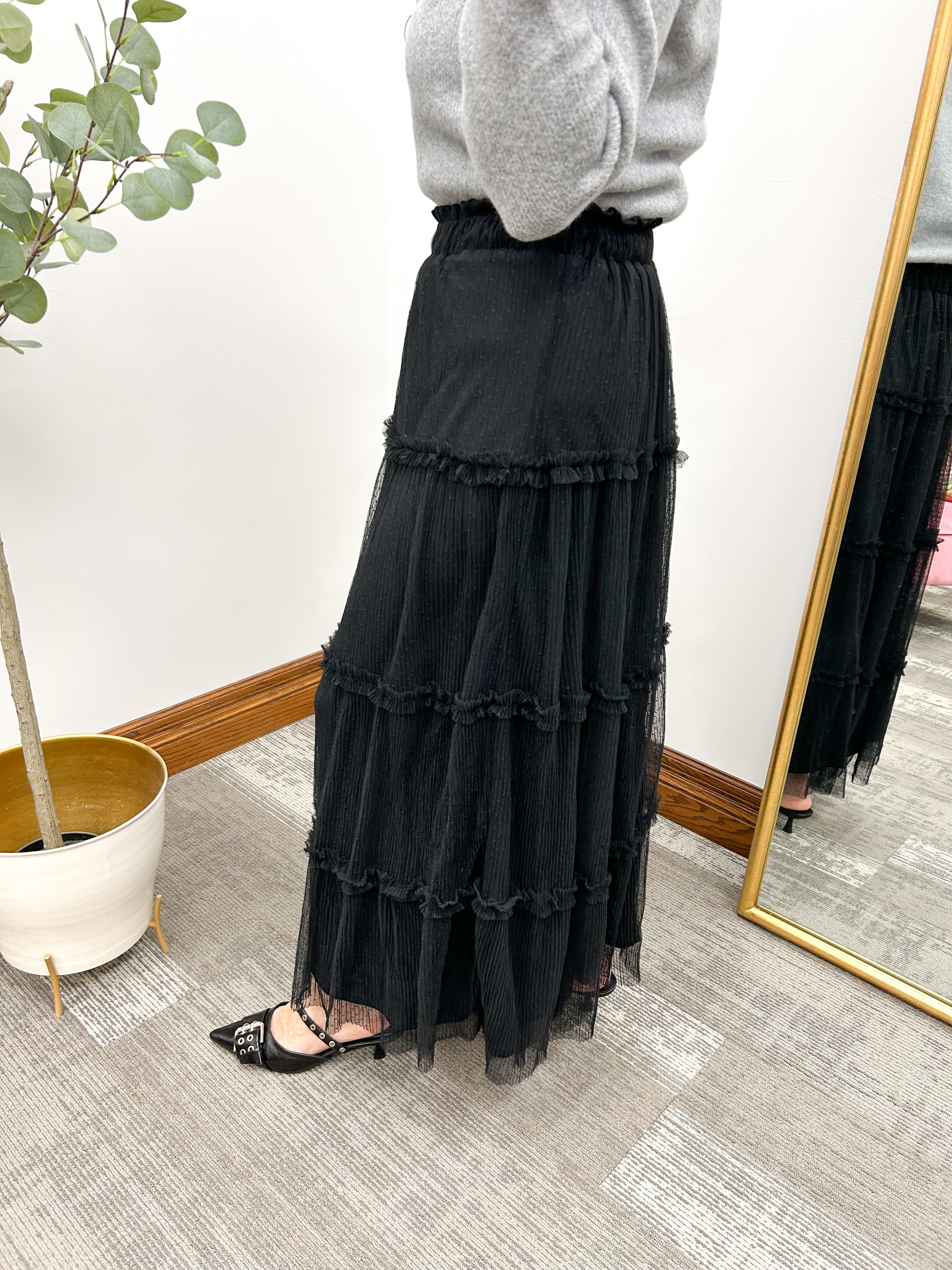 Polka Dot Black Tulle Tiered Midi Skirt