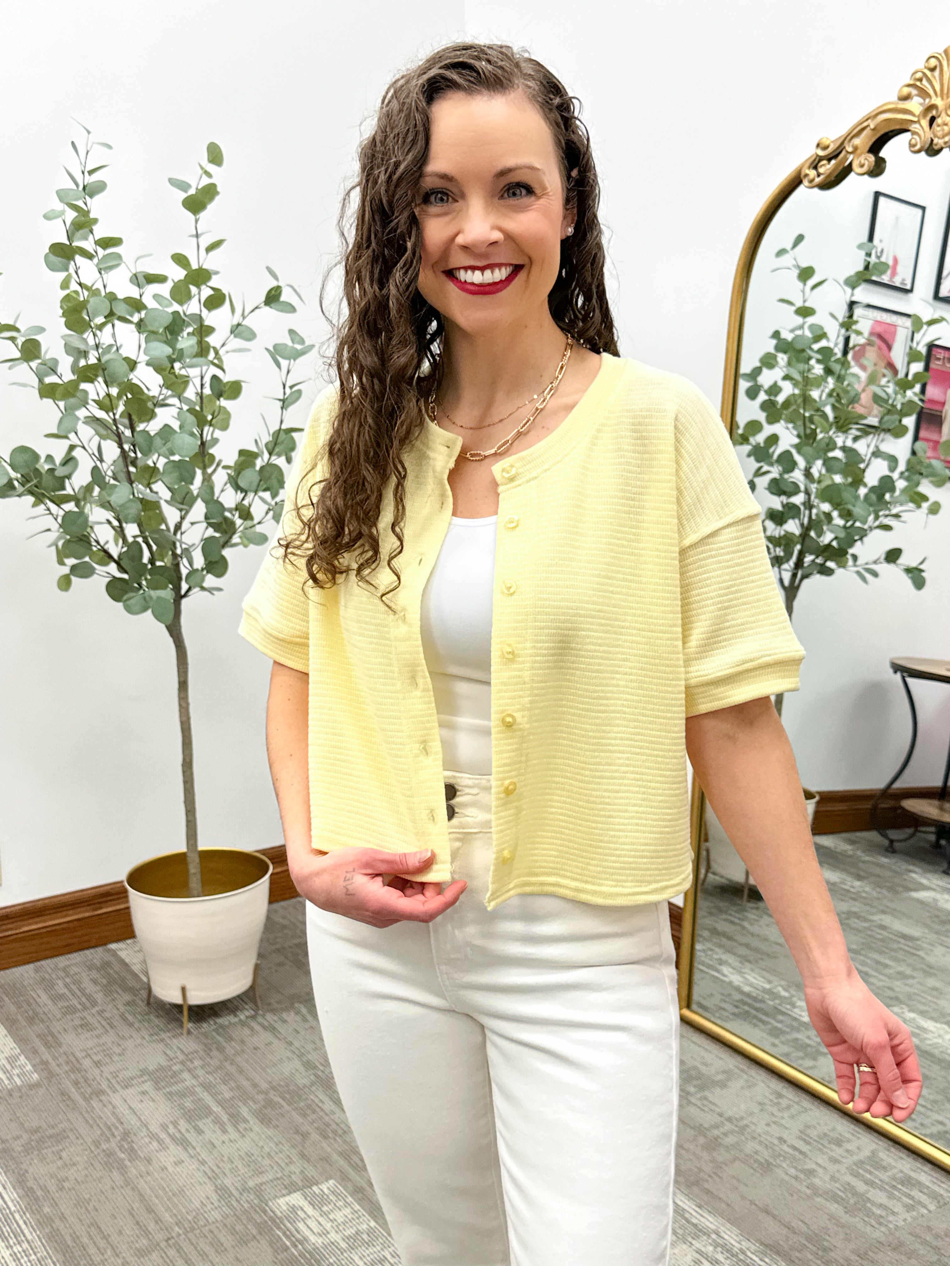 Textured Short Sleeve Button Up Top