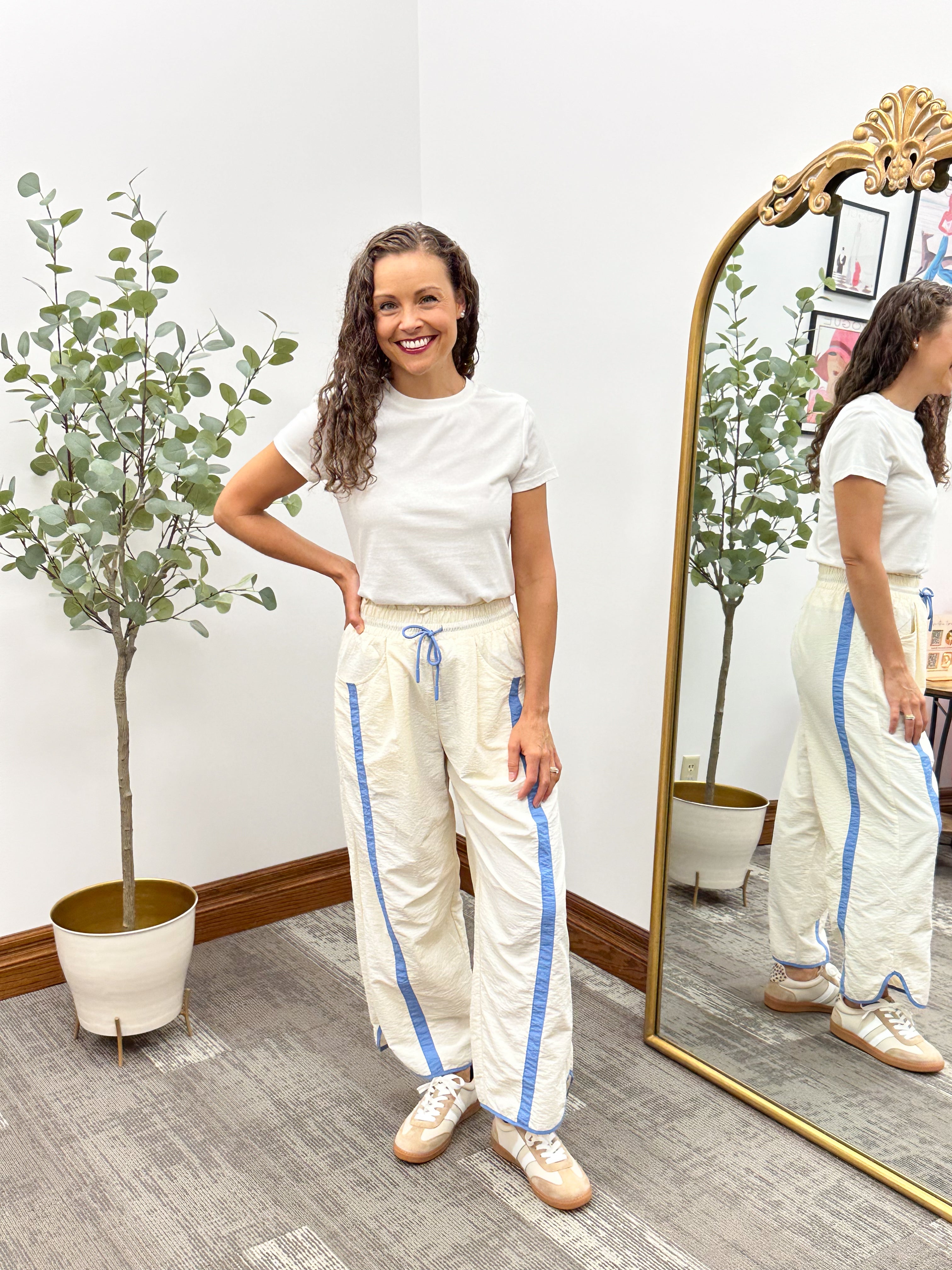 Cream & Blue Barrel Track Pants