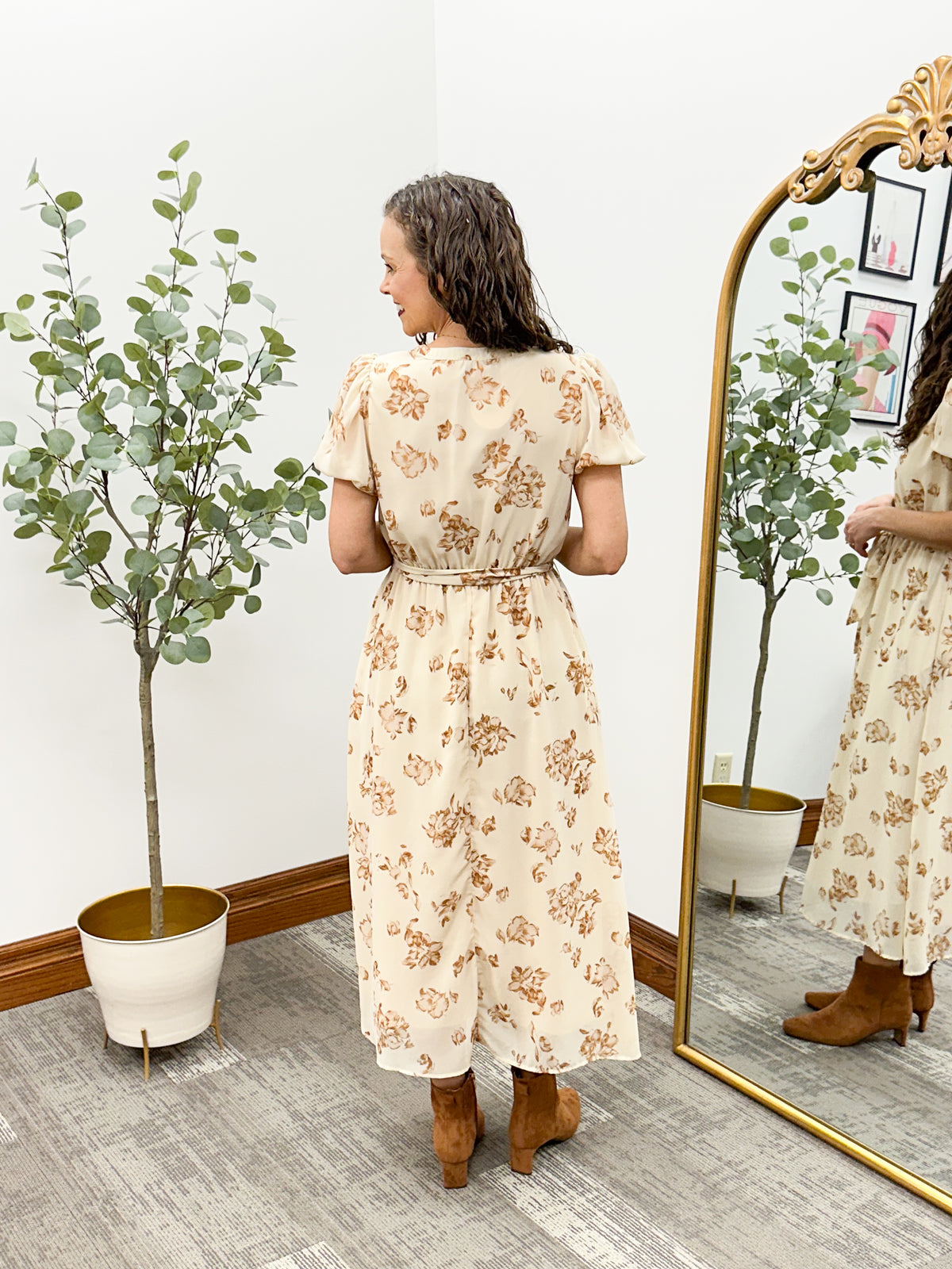 Beige & Brown Floral Belted Midi Dress