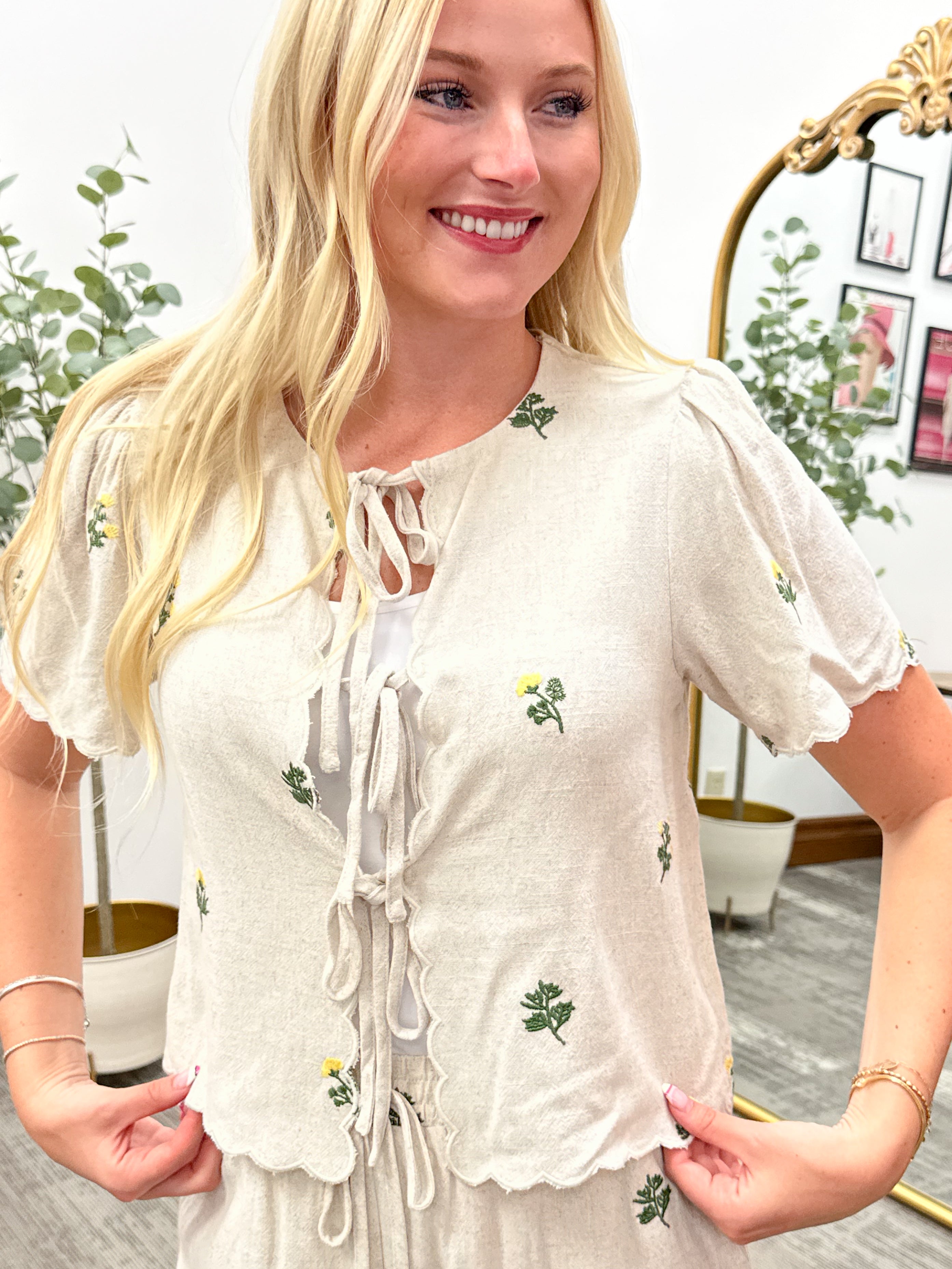 Linen Floral Embroidered Front Tie Top