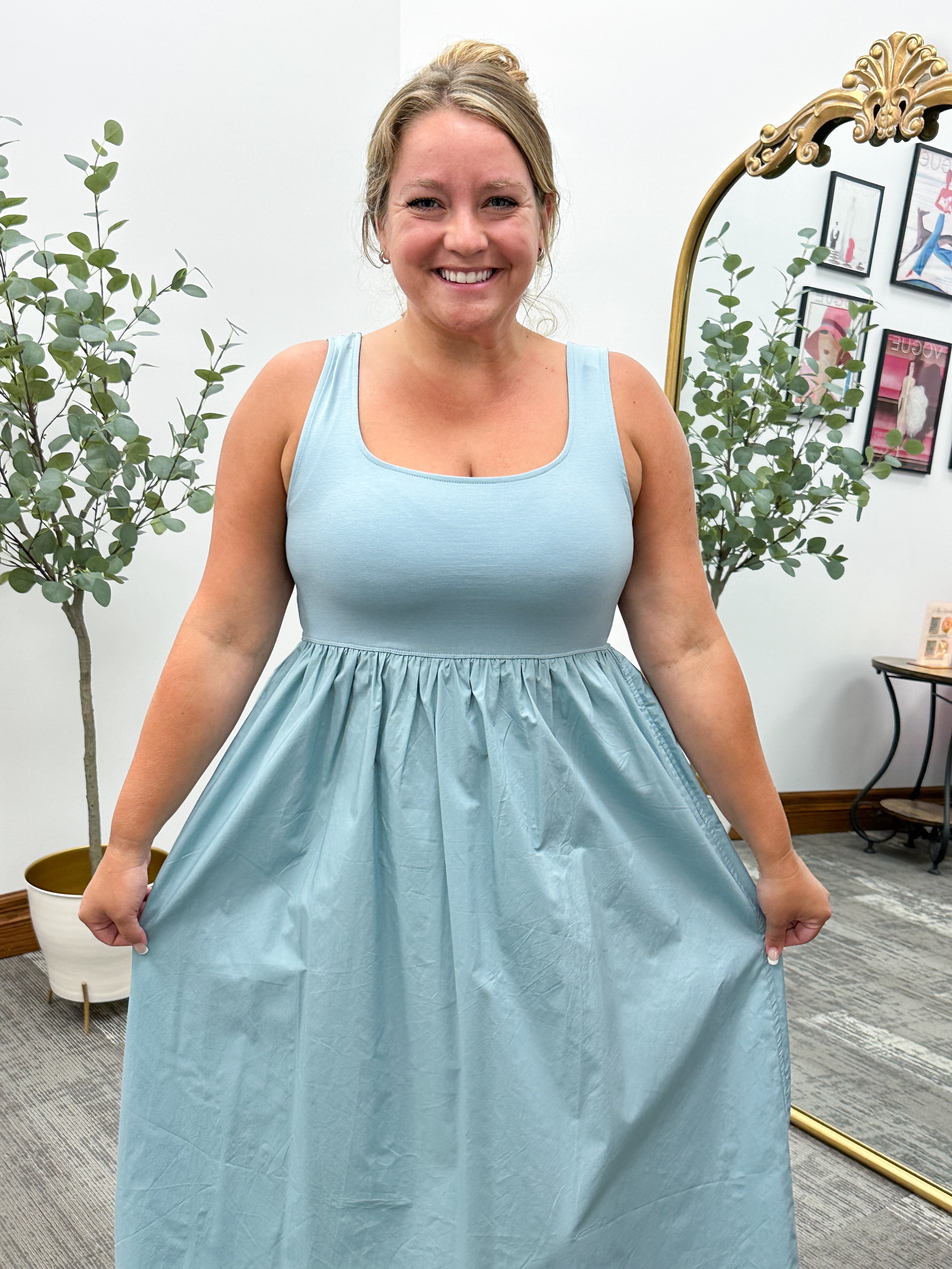 Dusty Blue Mixed Media Midi Dress