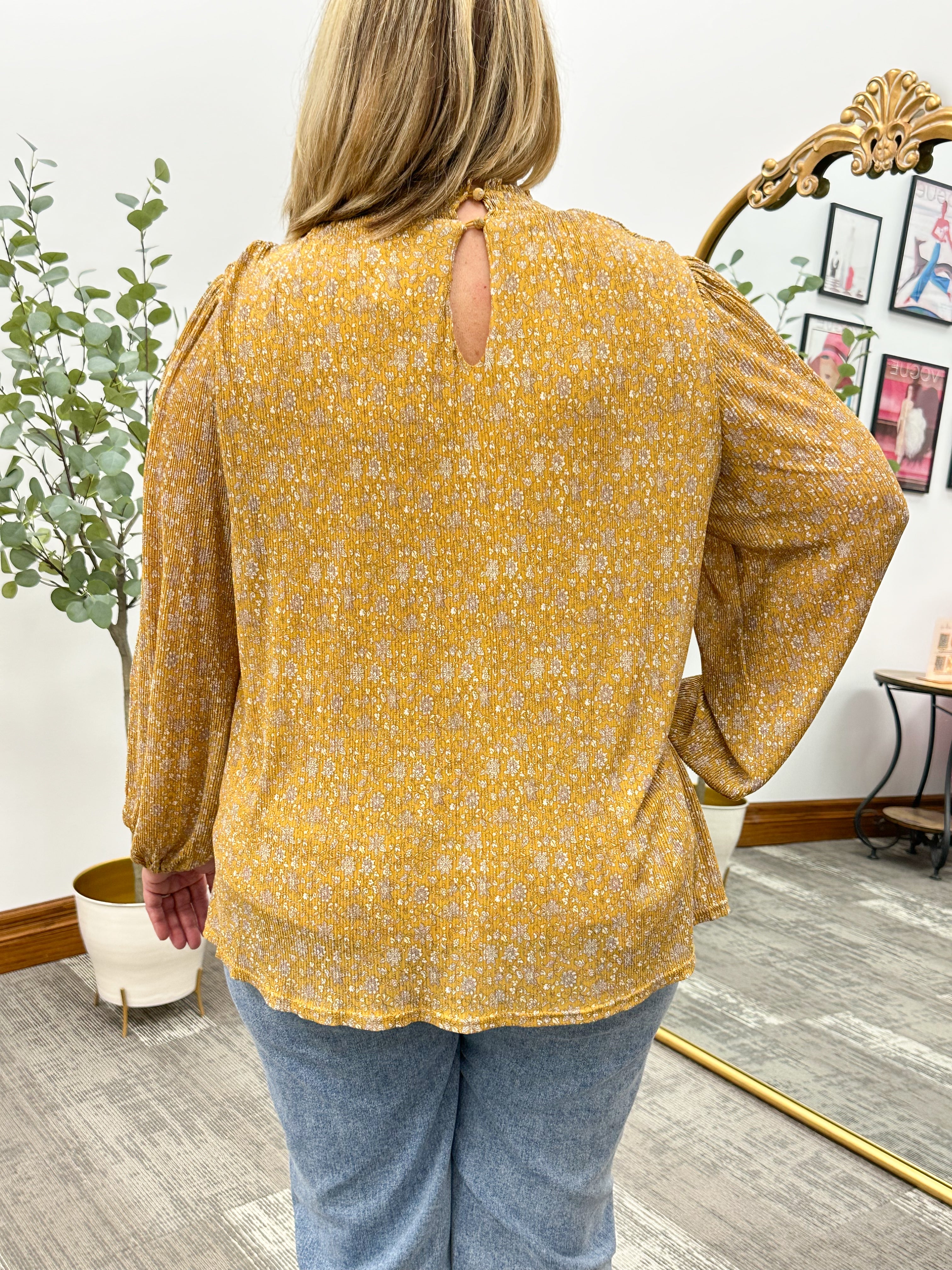 Floral Mustard Pleated Blouse