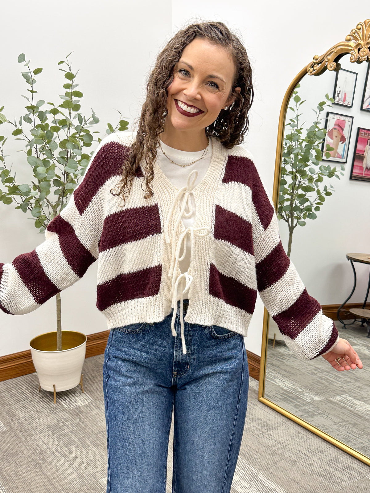 Maroon and cream striped tie front cardigan