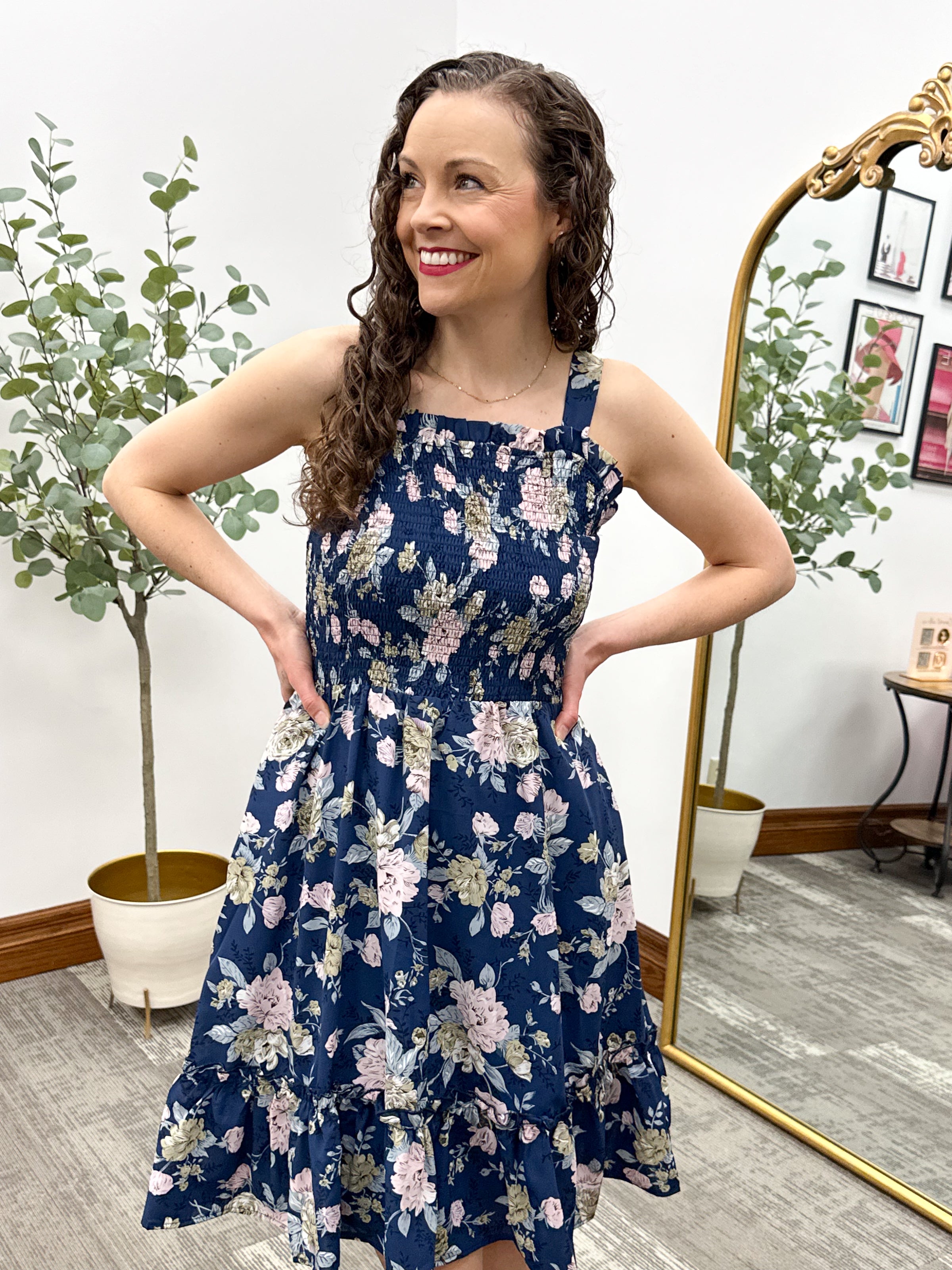 Navy Floral Smocked Dress