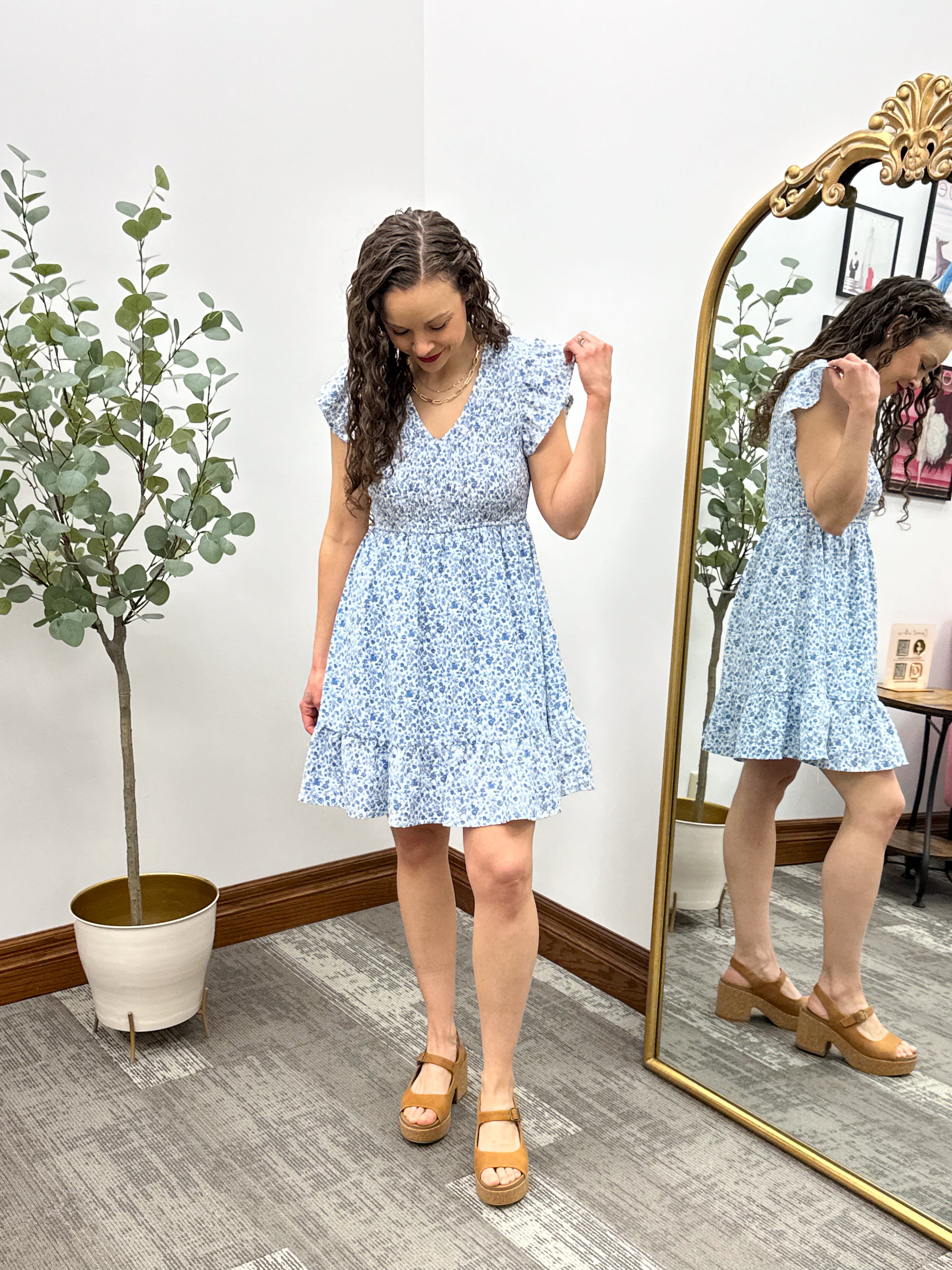Blue Floral Print Mini Dress