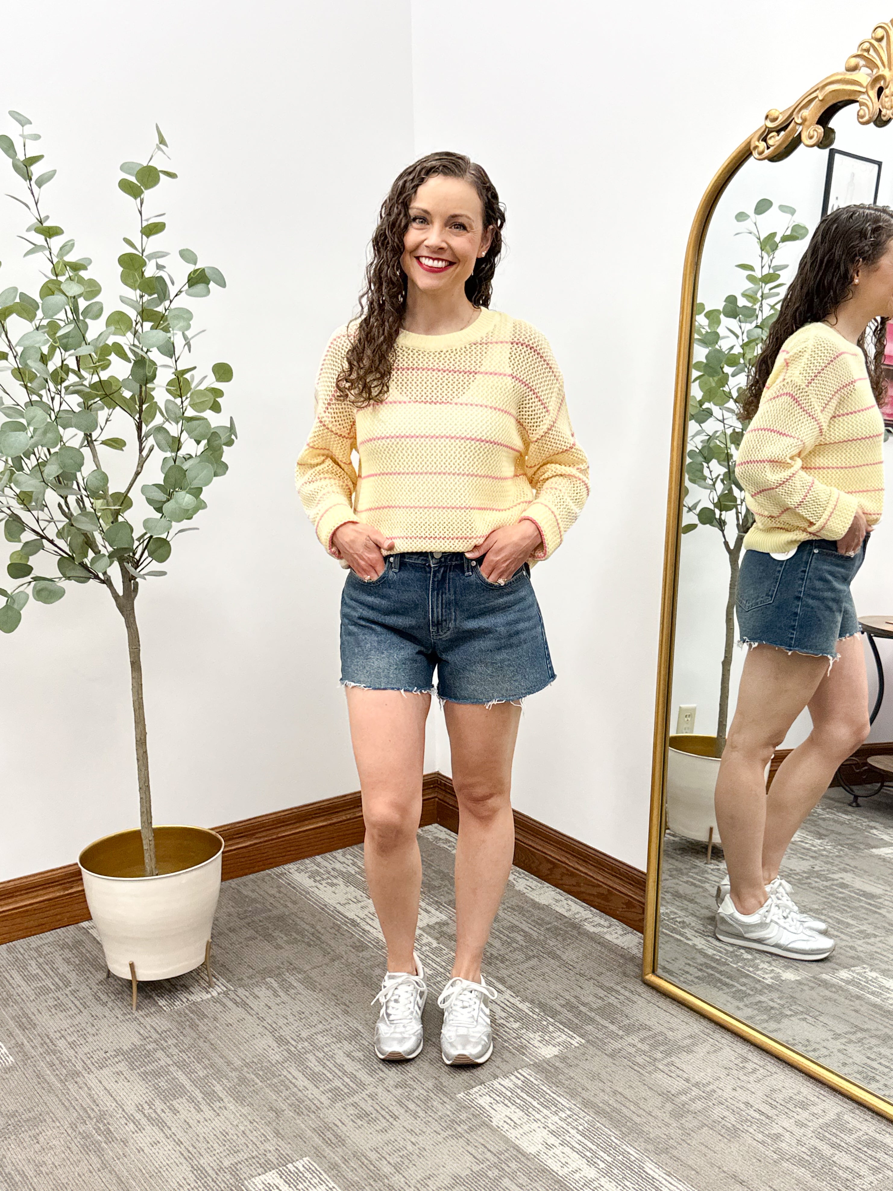 Yellow & Pink Striped Open Knit Sweater