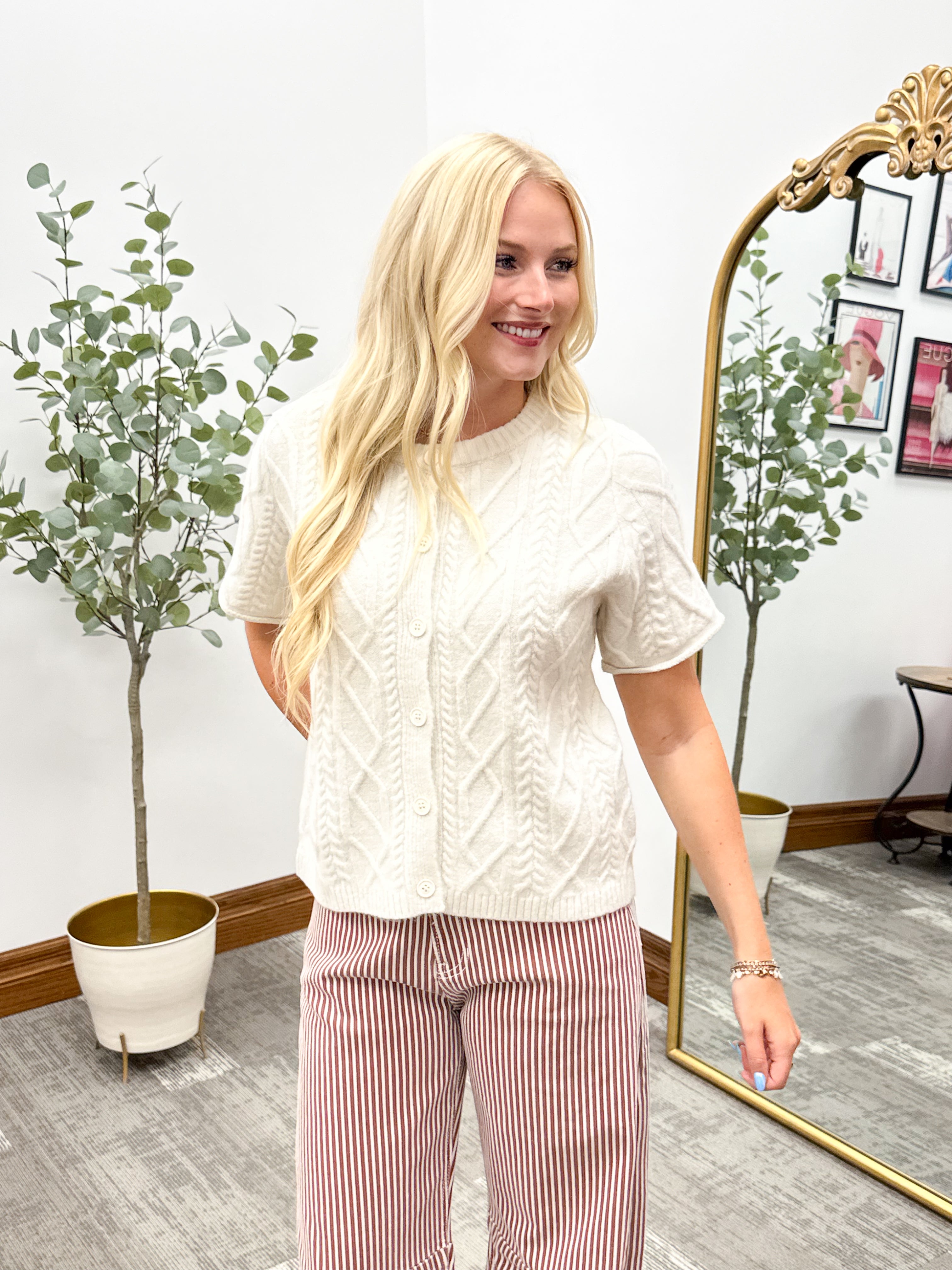Cream Short Sleeve Cable Knit Cardigan