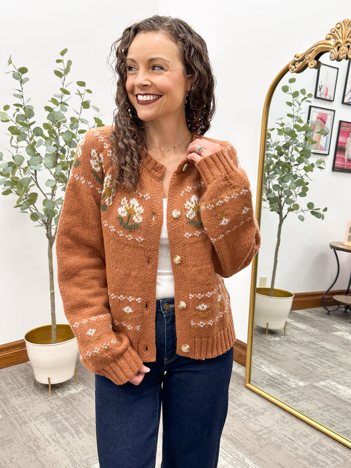 Rust floral button up cardigan