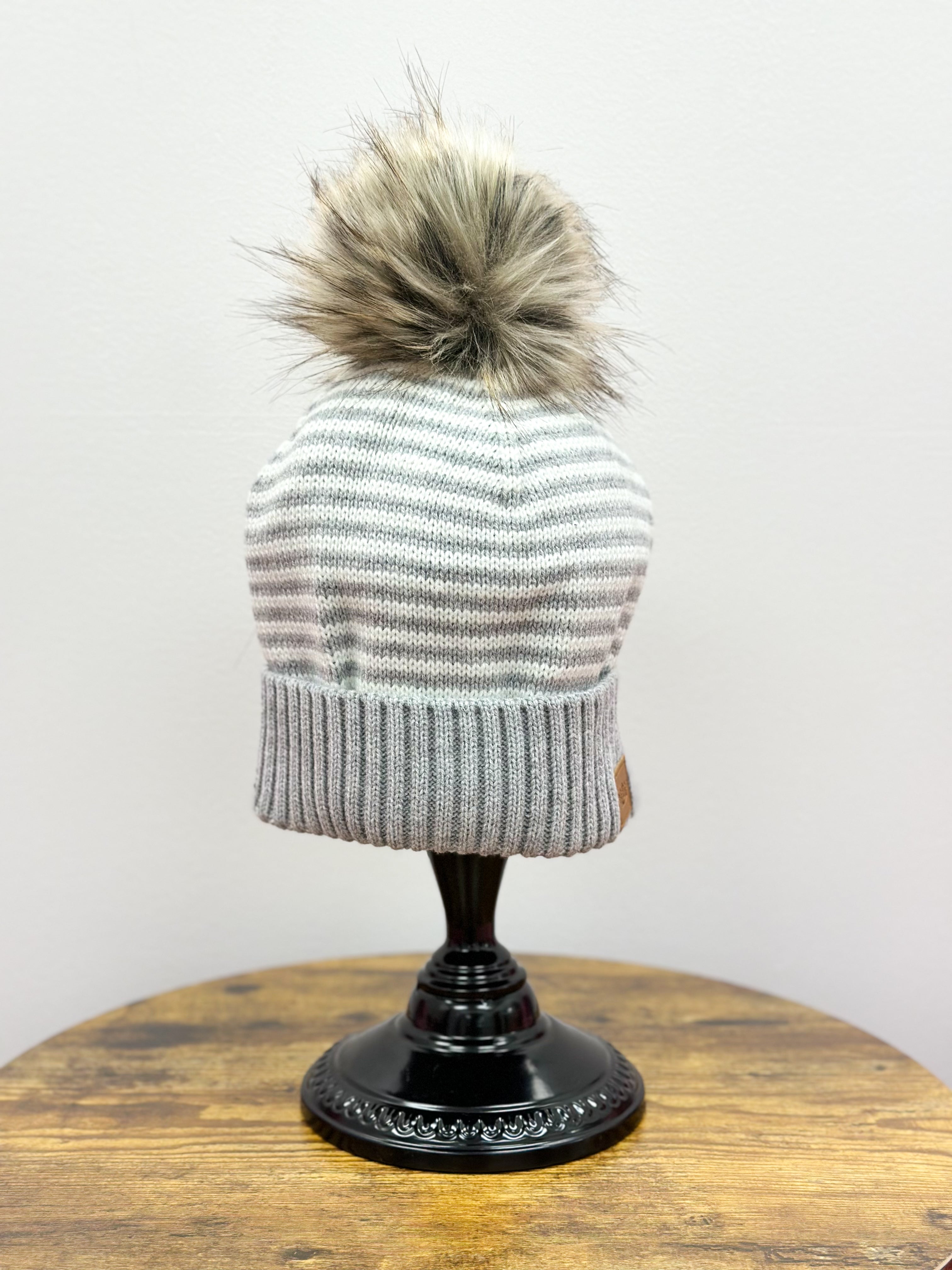 Gray + White Knit Pom Hat