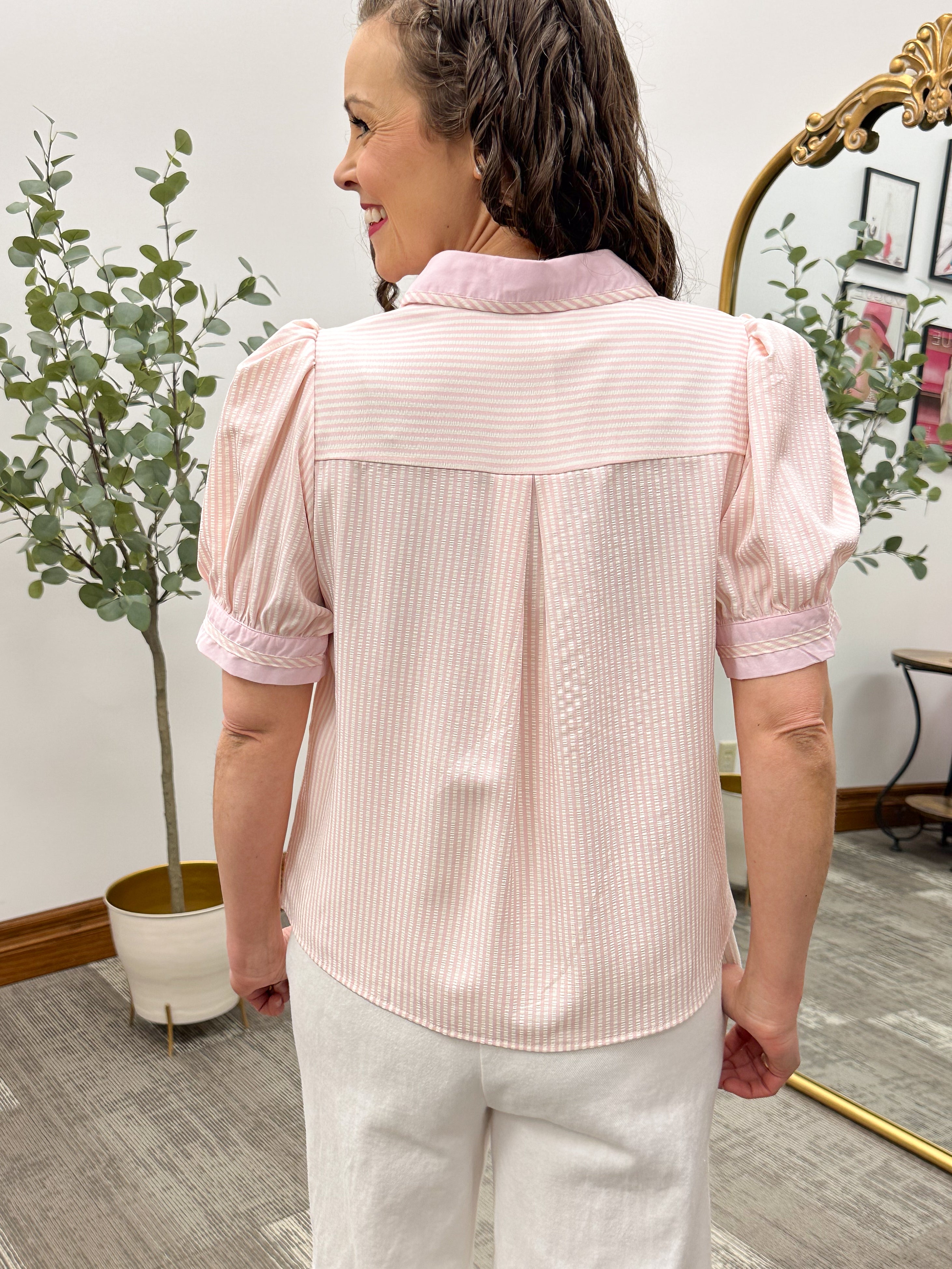 Pink Striped Puff Sleeve Blouse