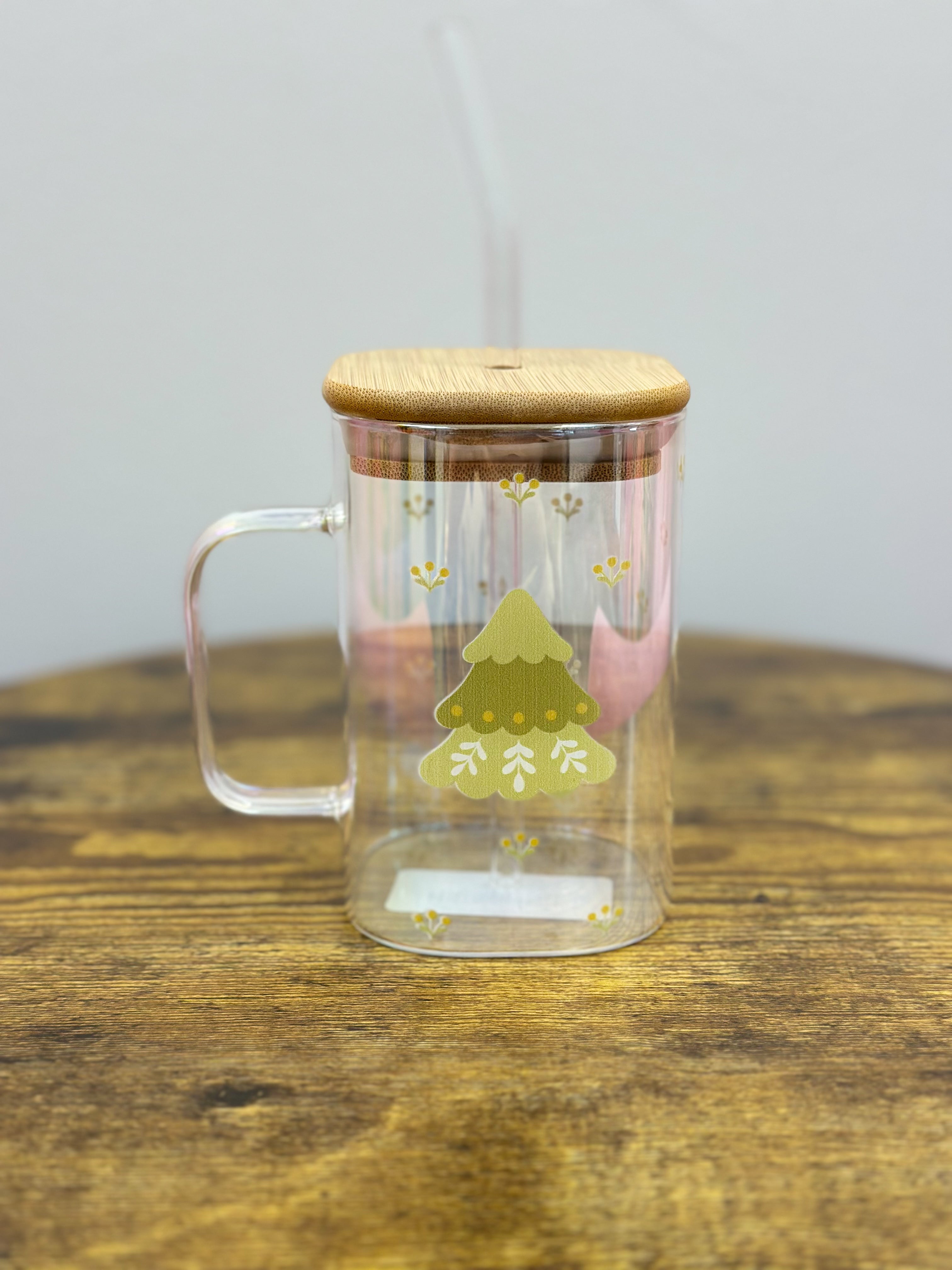 Square Glass Tree Cup W/ Lid & Straw