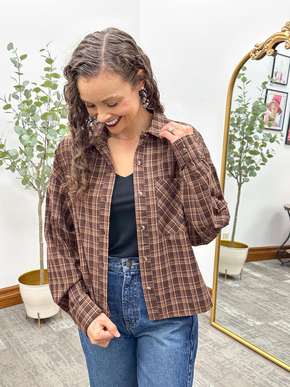 Brown plaid cotton button up shirt