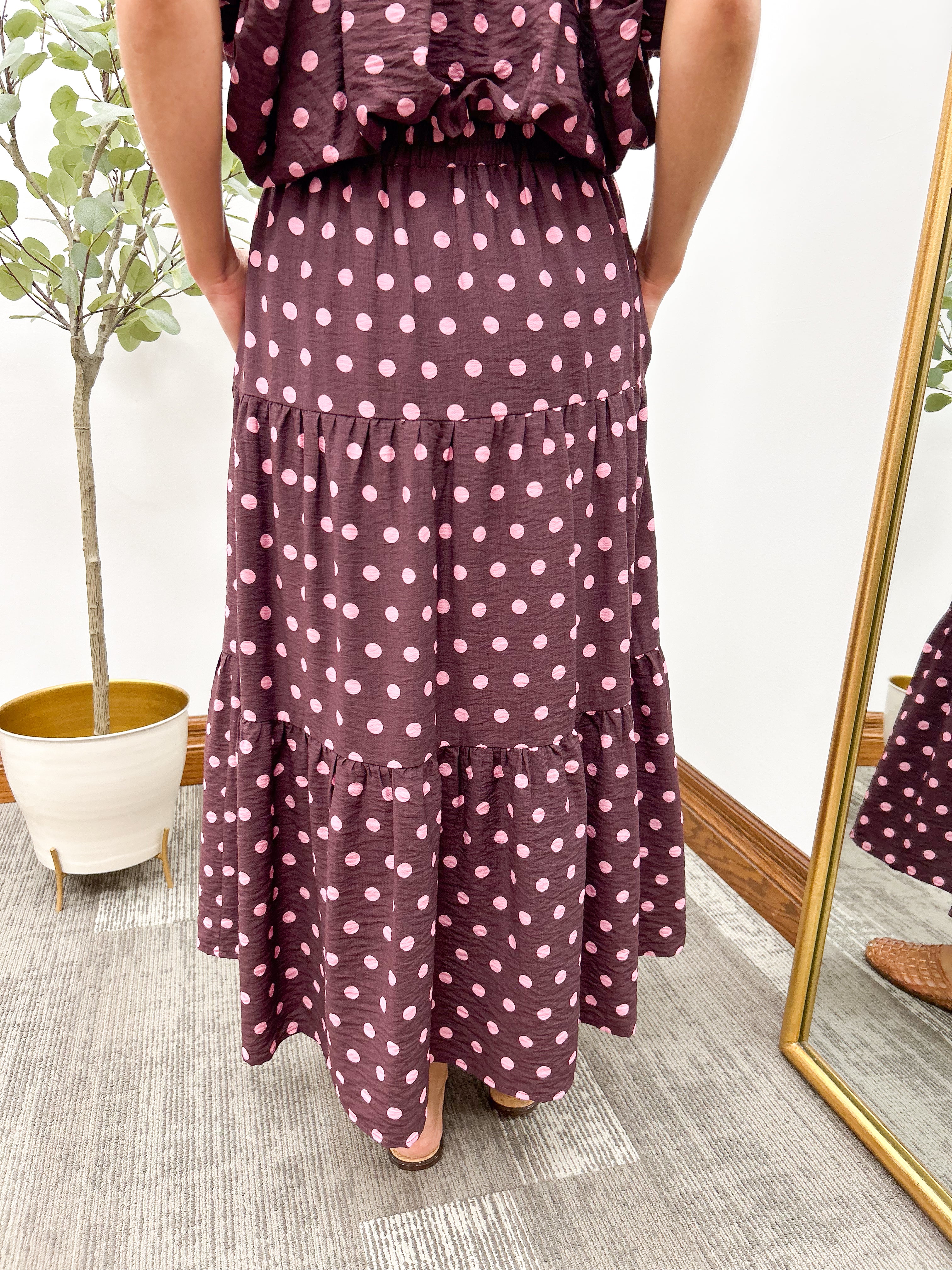 Pink Polka Dot Tiered Midi Skirt