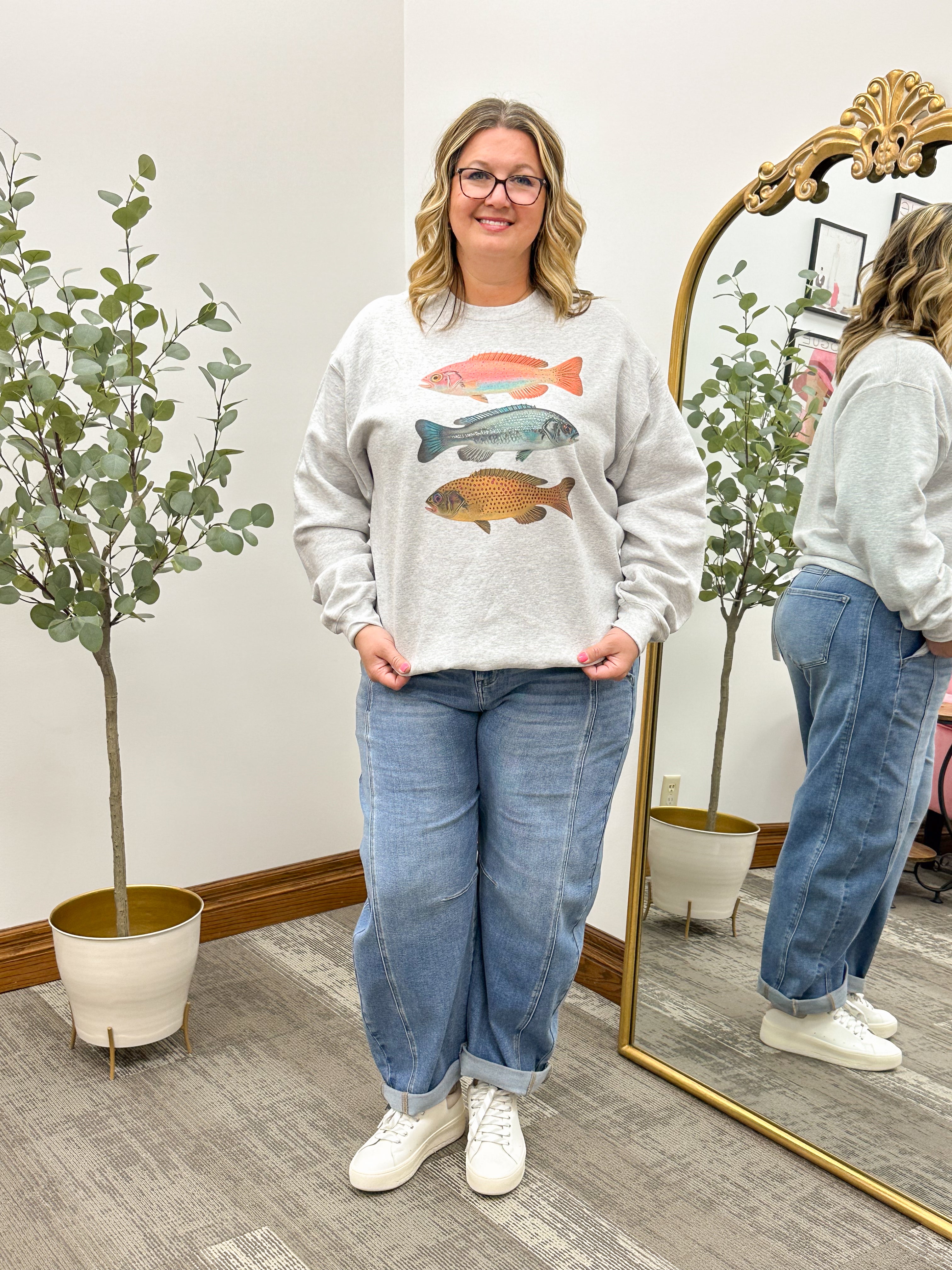 Heather Gray Fish Crewneck Sweatshirt, Plus Size Fish Sweatshirt