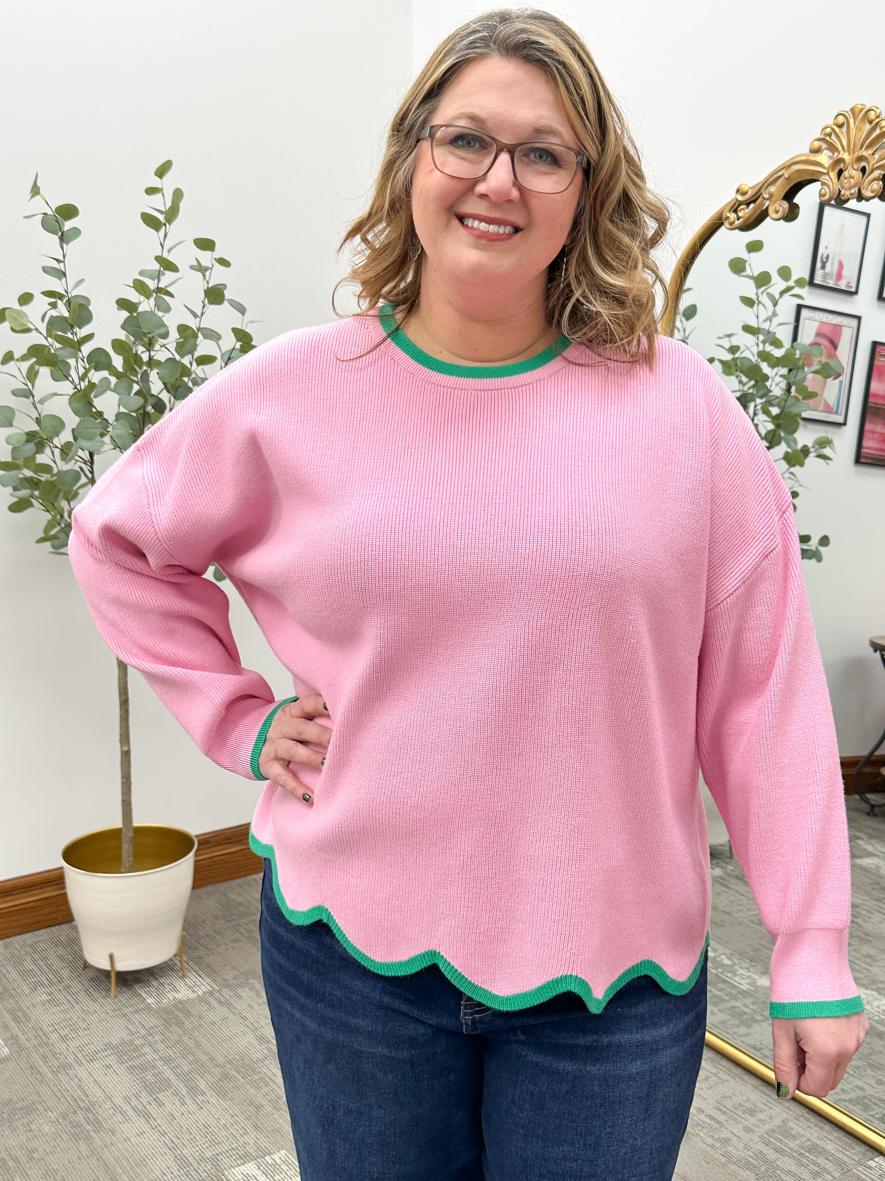 Pink & Green Scalloped Sweater