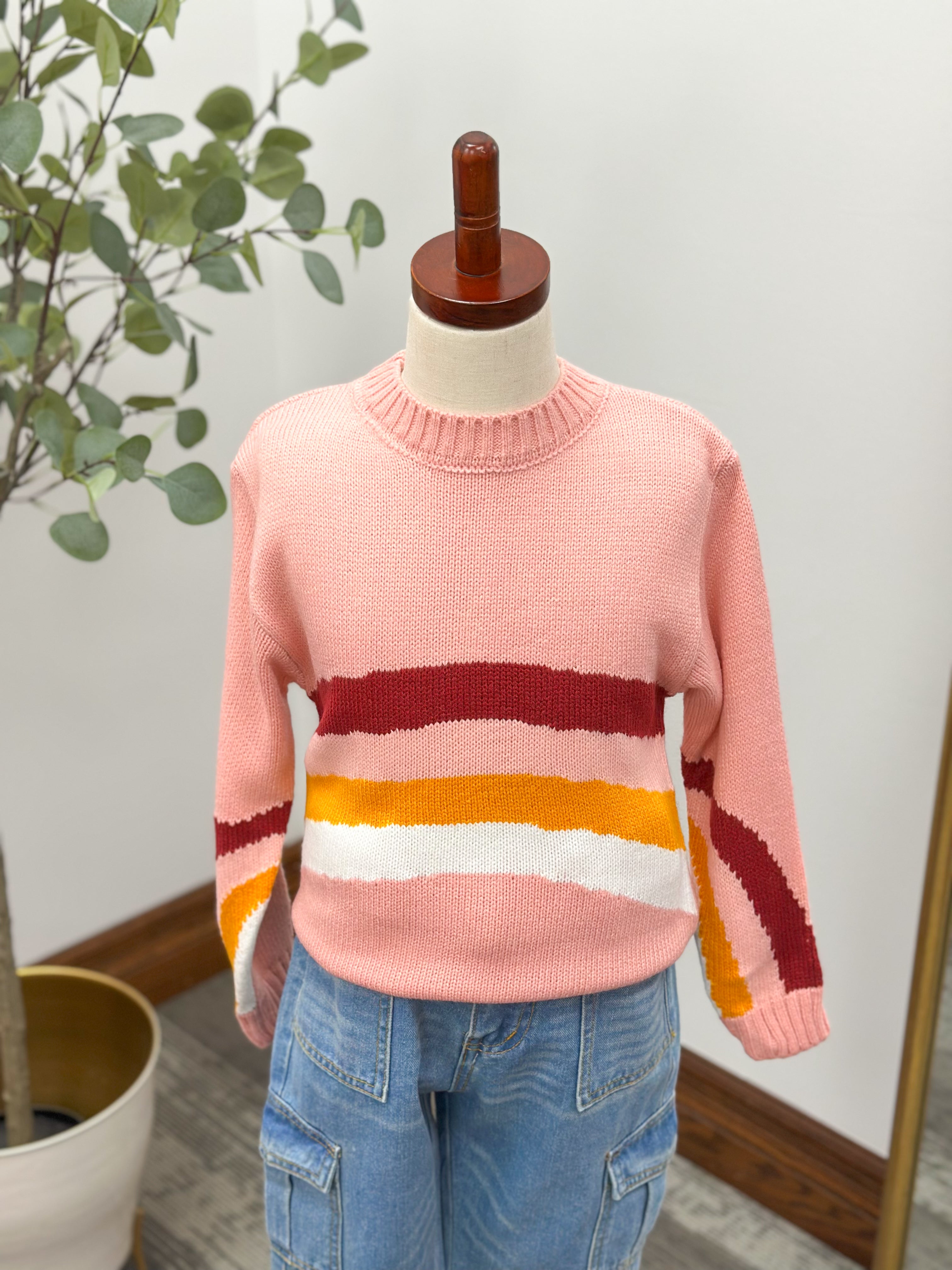 Girls Pink Multi Colored Striped Sweater