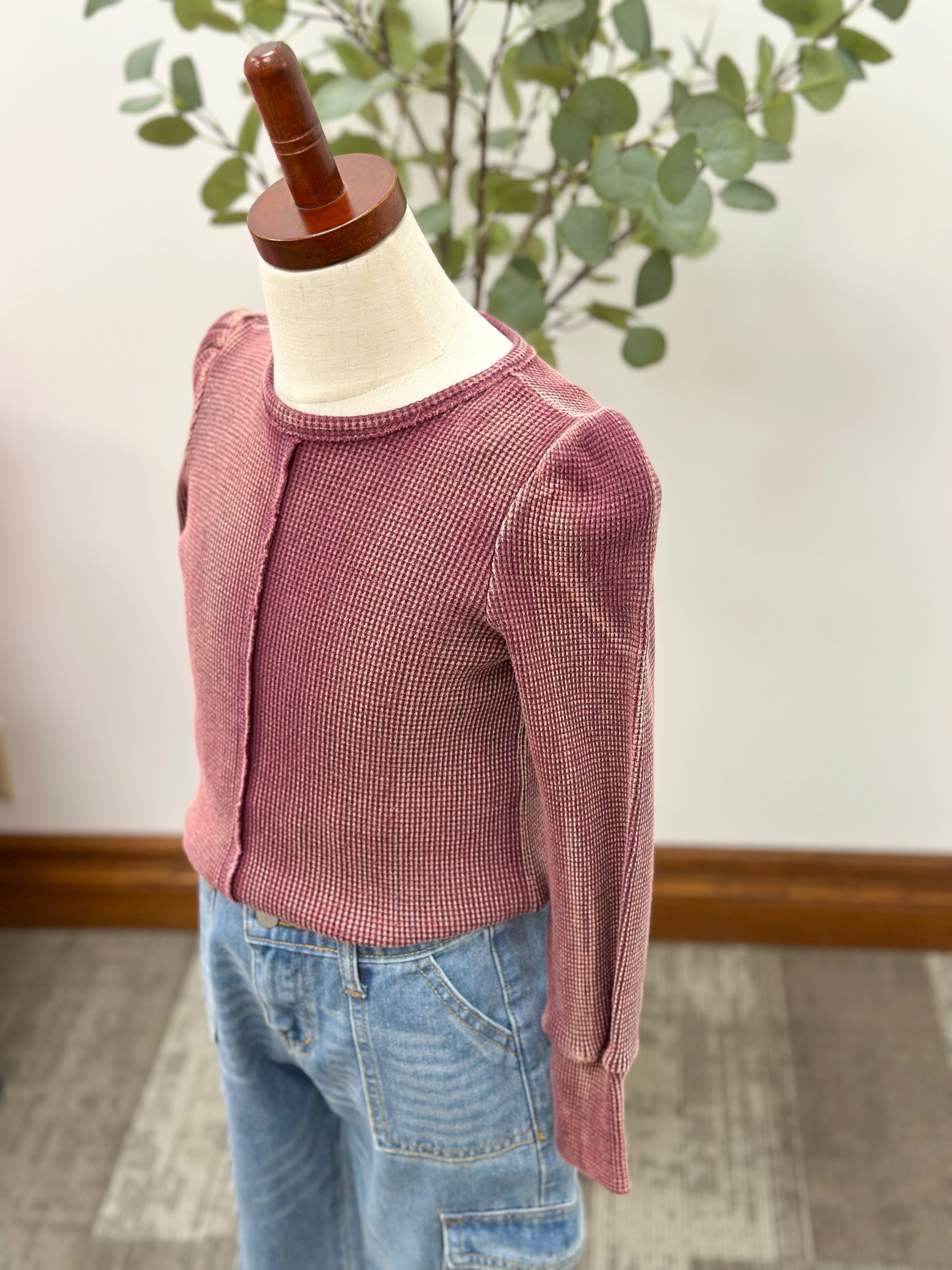 Girls Washed Plum Waffle Knit Top