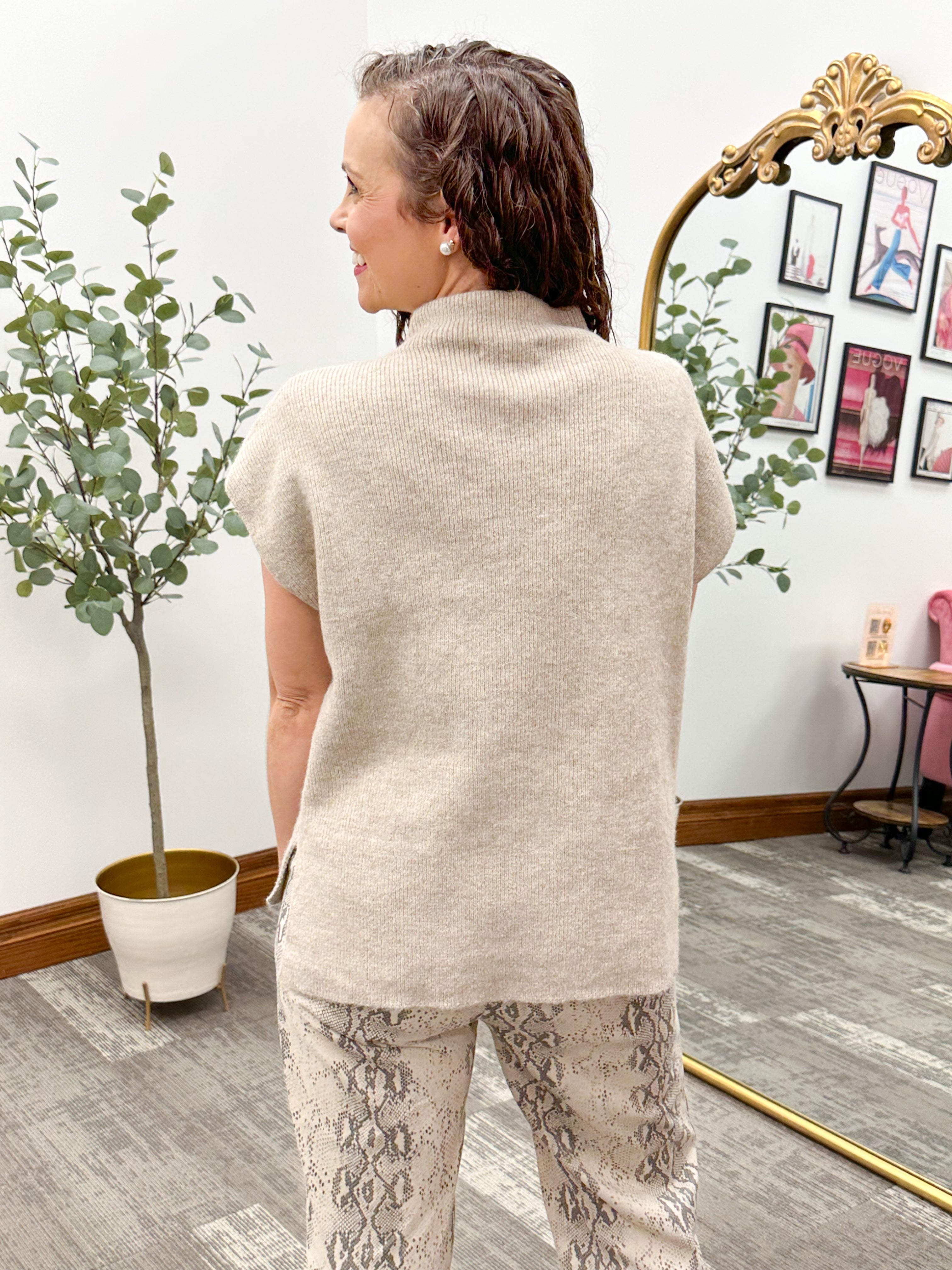 Taupe Mock Neck Short Sleeve Sweater