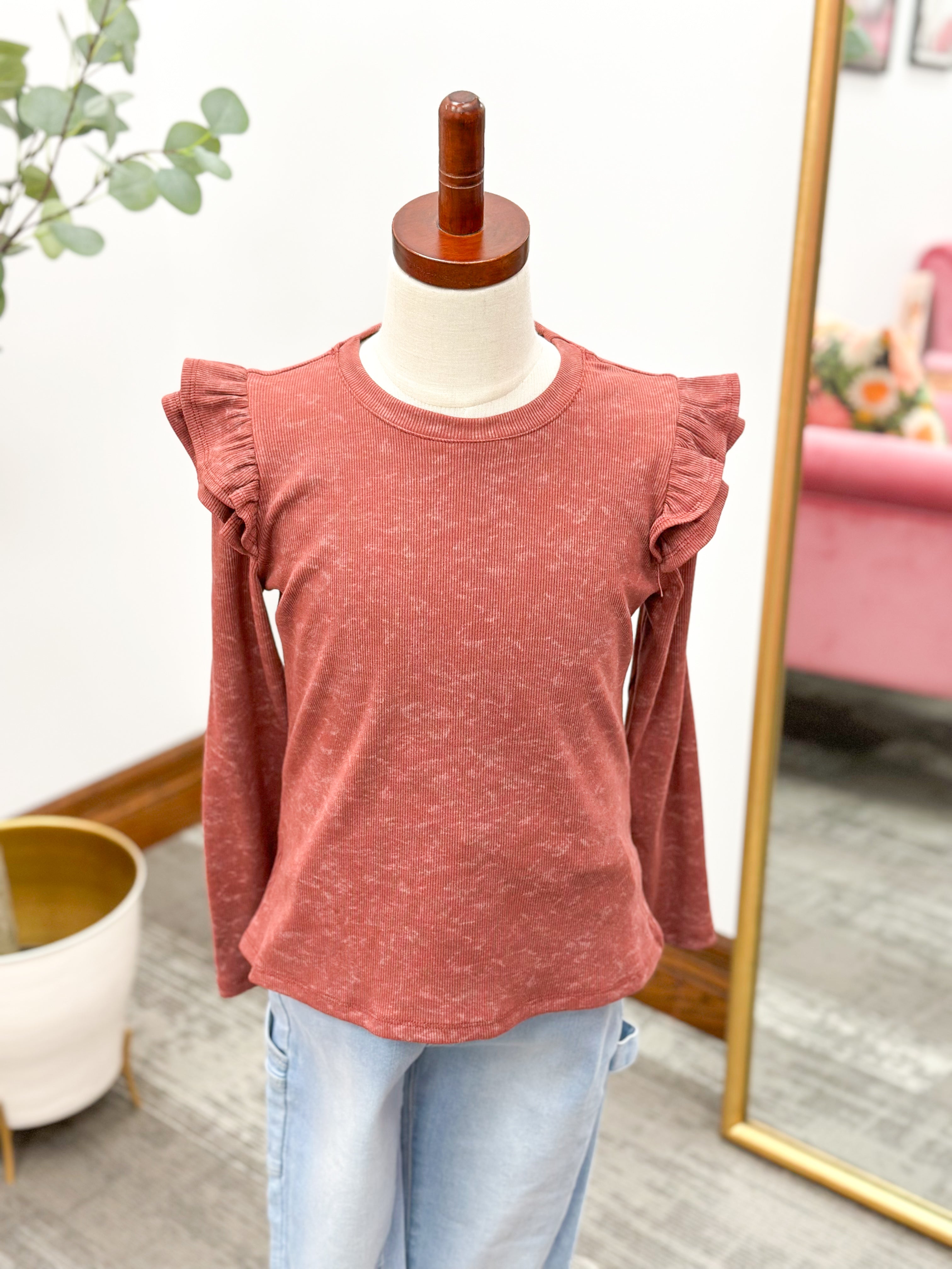 Girls Ruffle Ribbed Knit Top