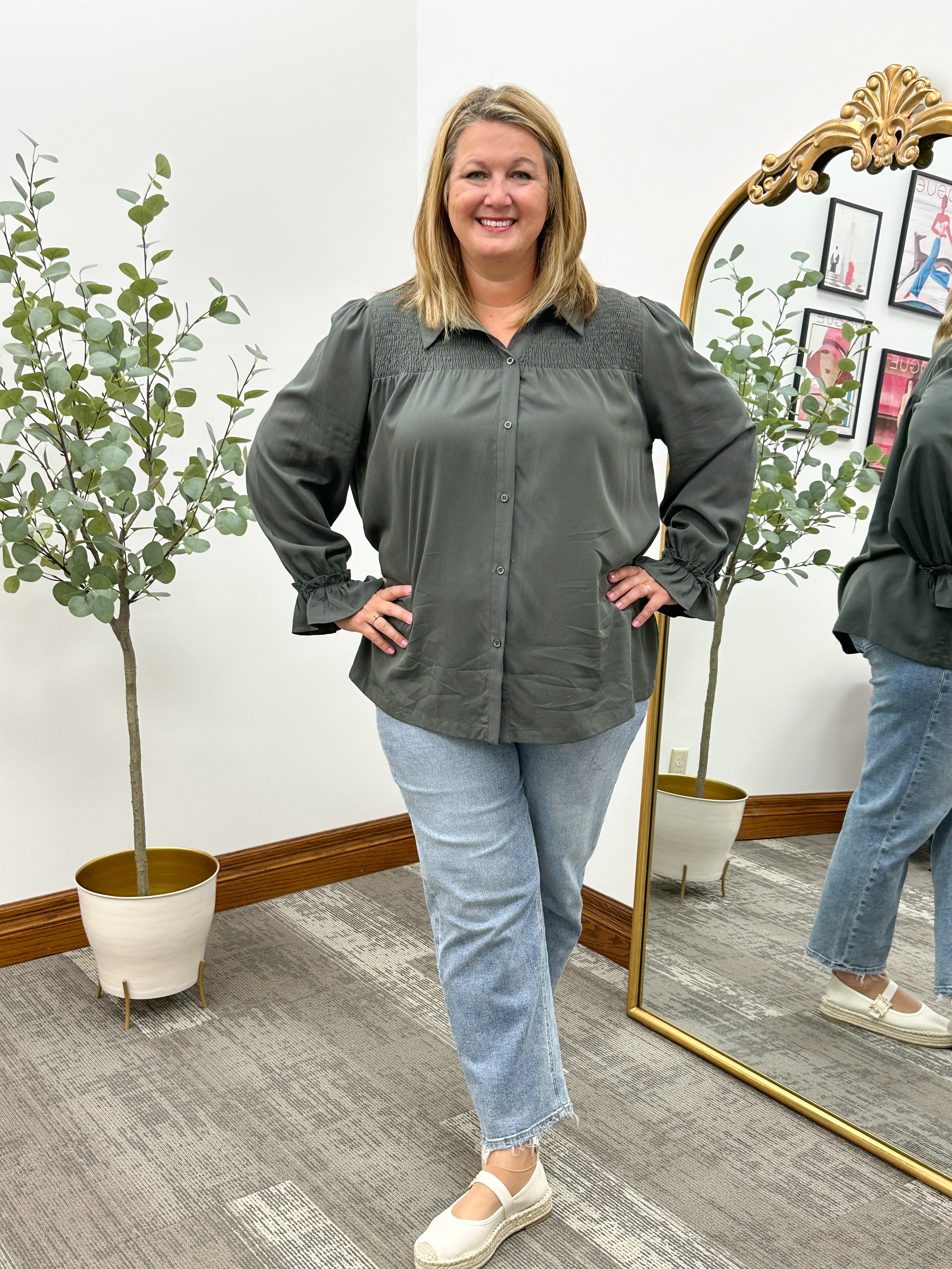 Smocked Button Up Tencel Top