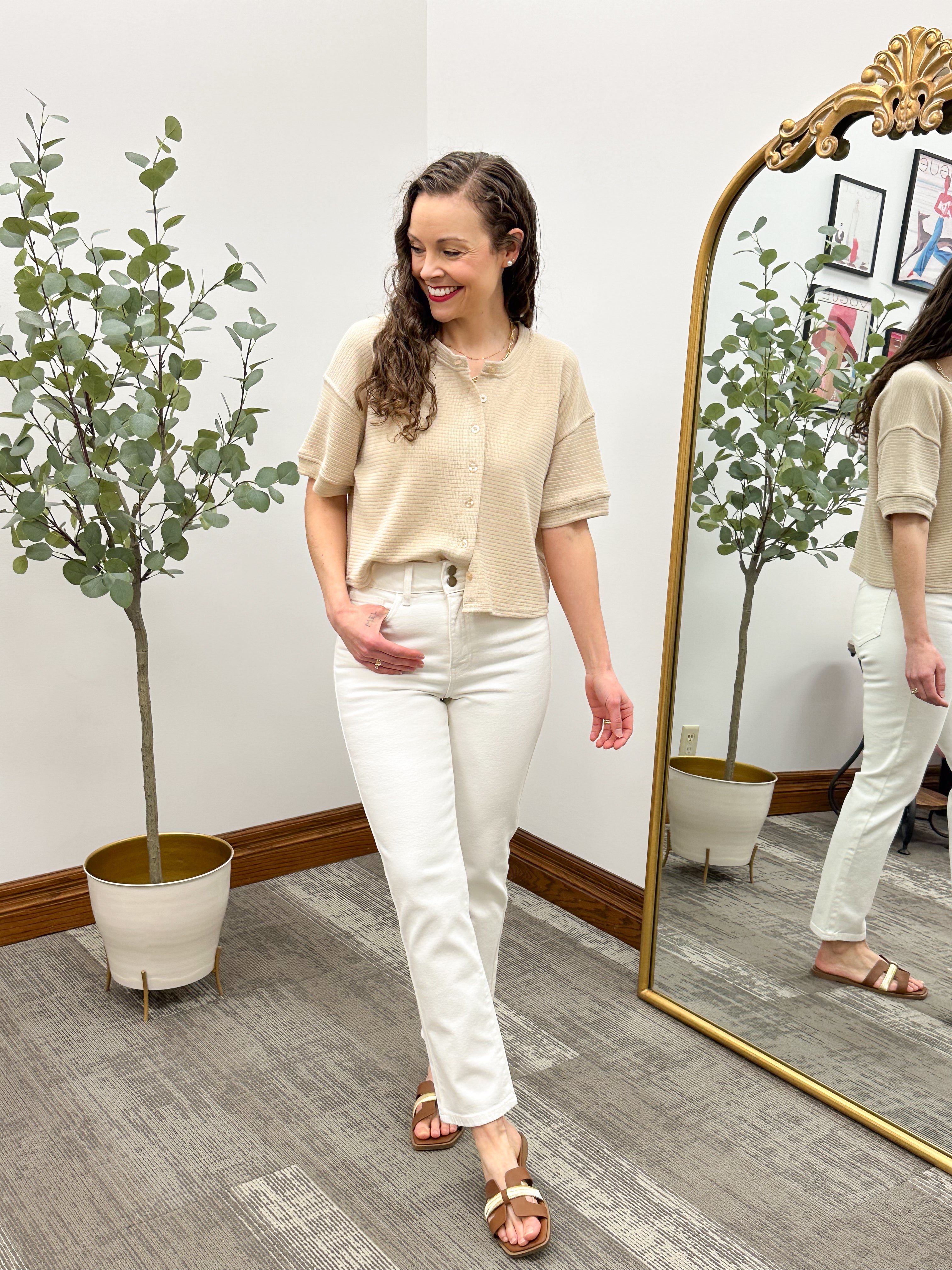 Textured Short Sleeve Button Up Top