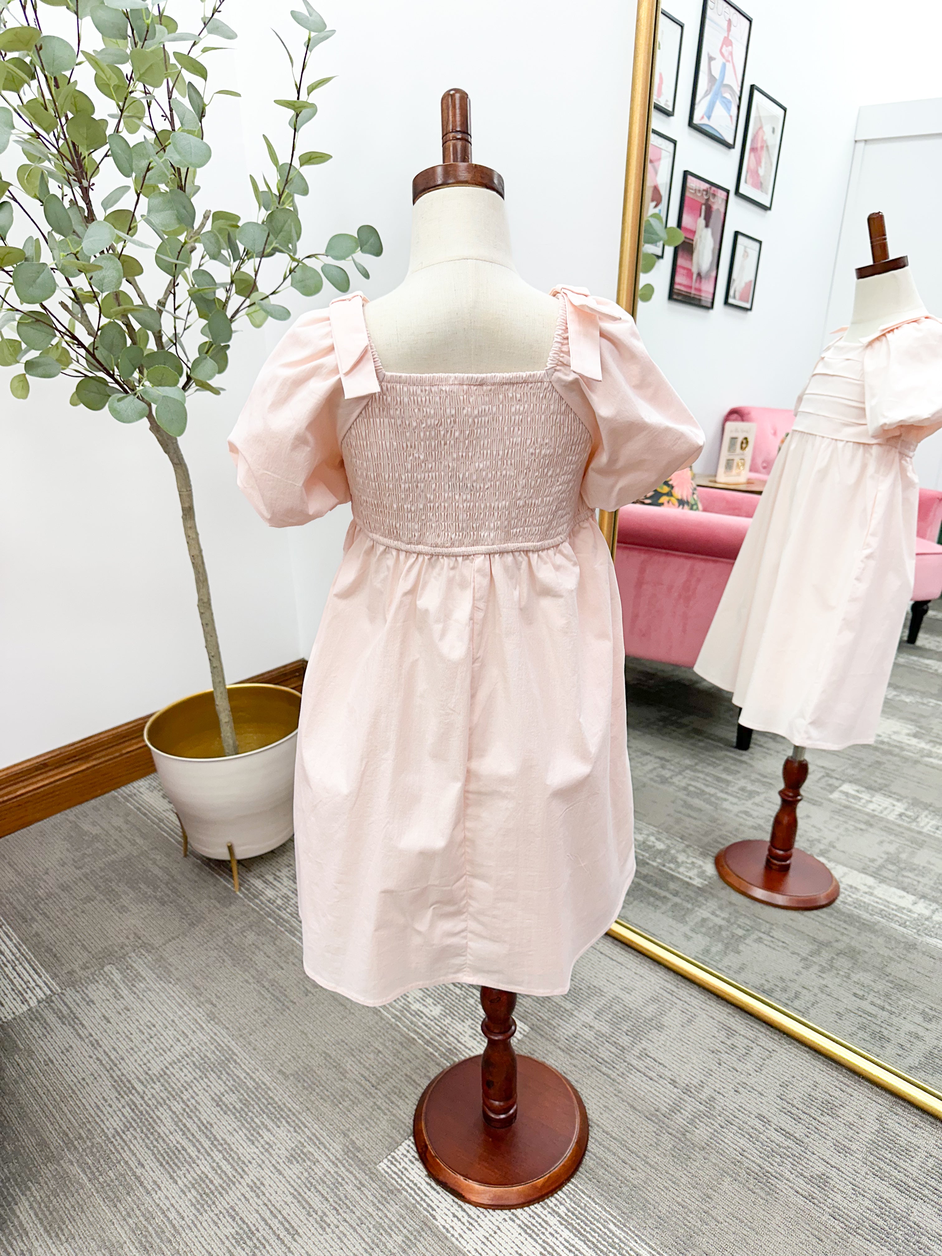 Girls Pleat Detail Bow Sleeve Dress