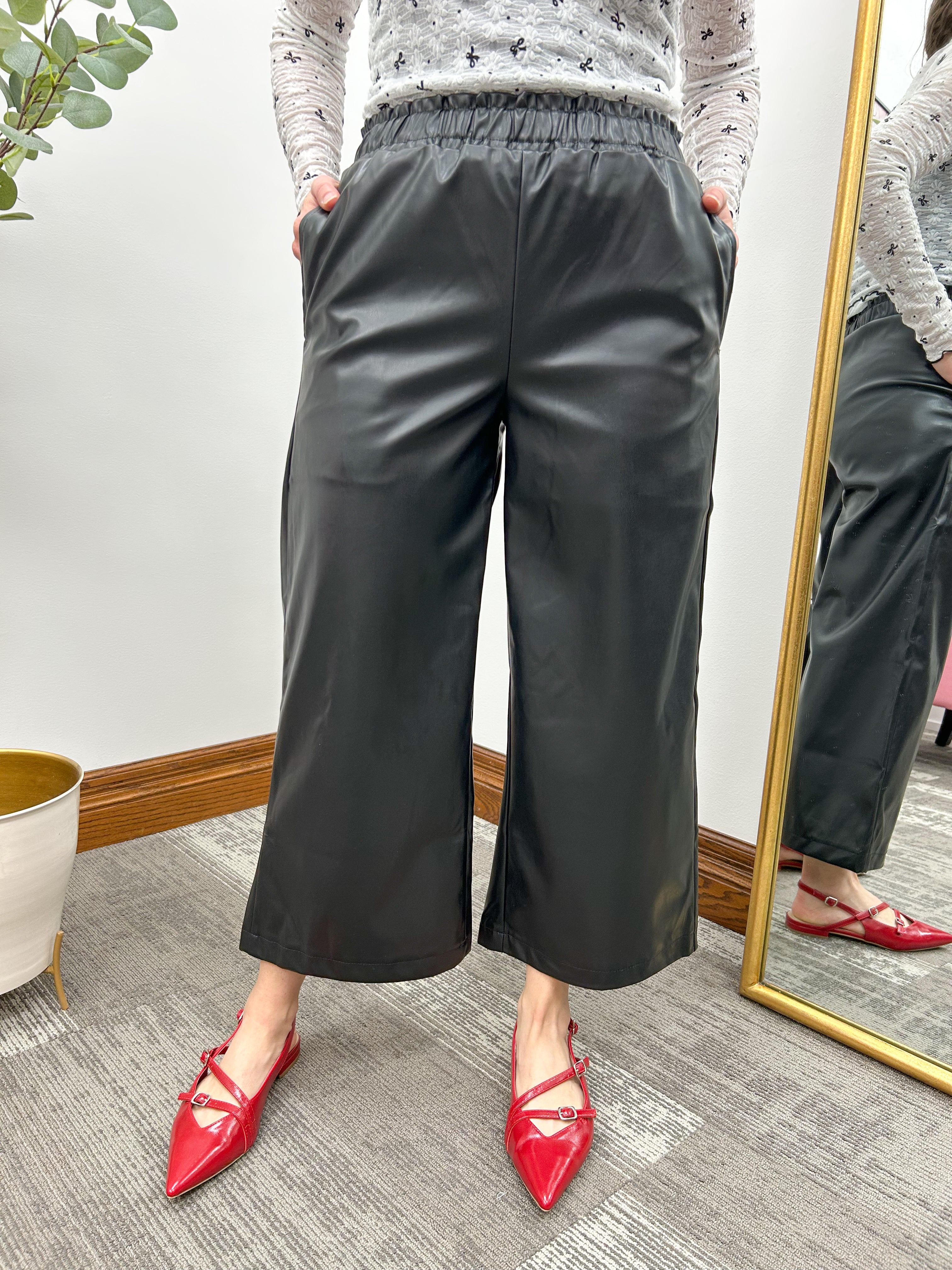Black Wide Leg Faux Leather Culotte Pants