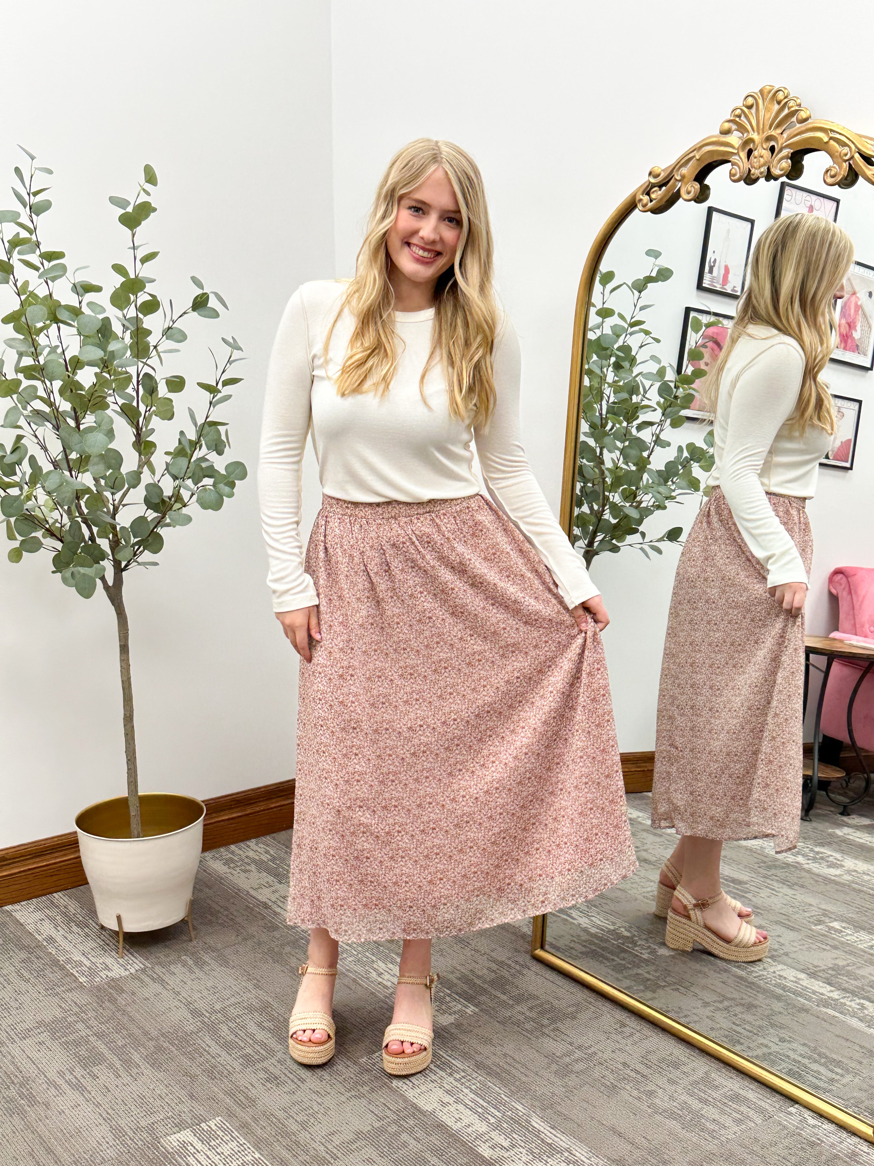 Mauve Floral Print Chiffon Midi Skirt