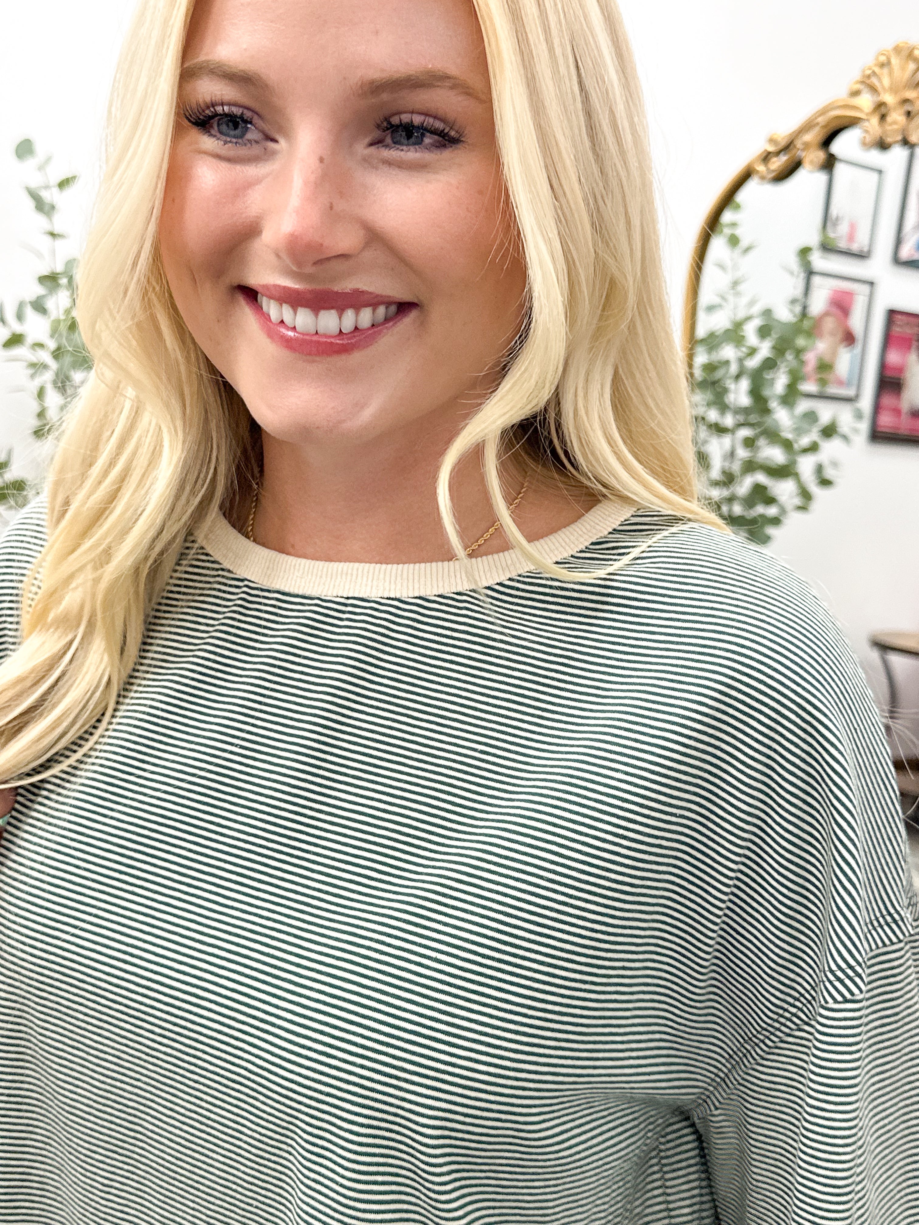 Striped Contrast Trim Long Sleeve Top