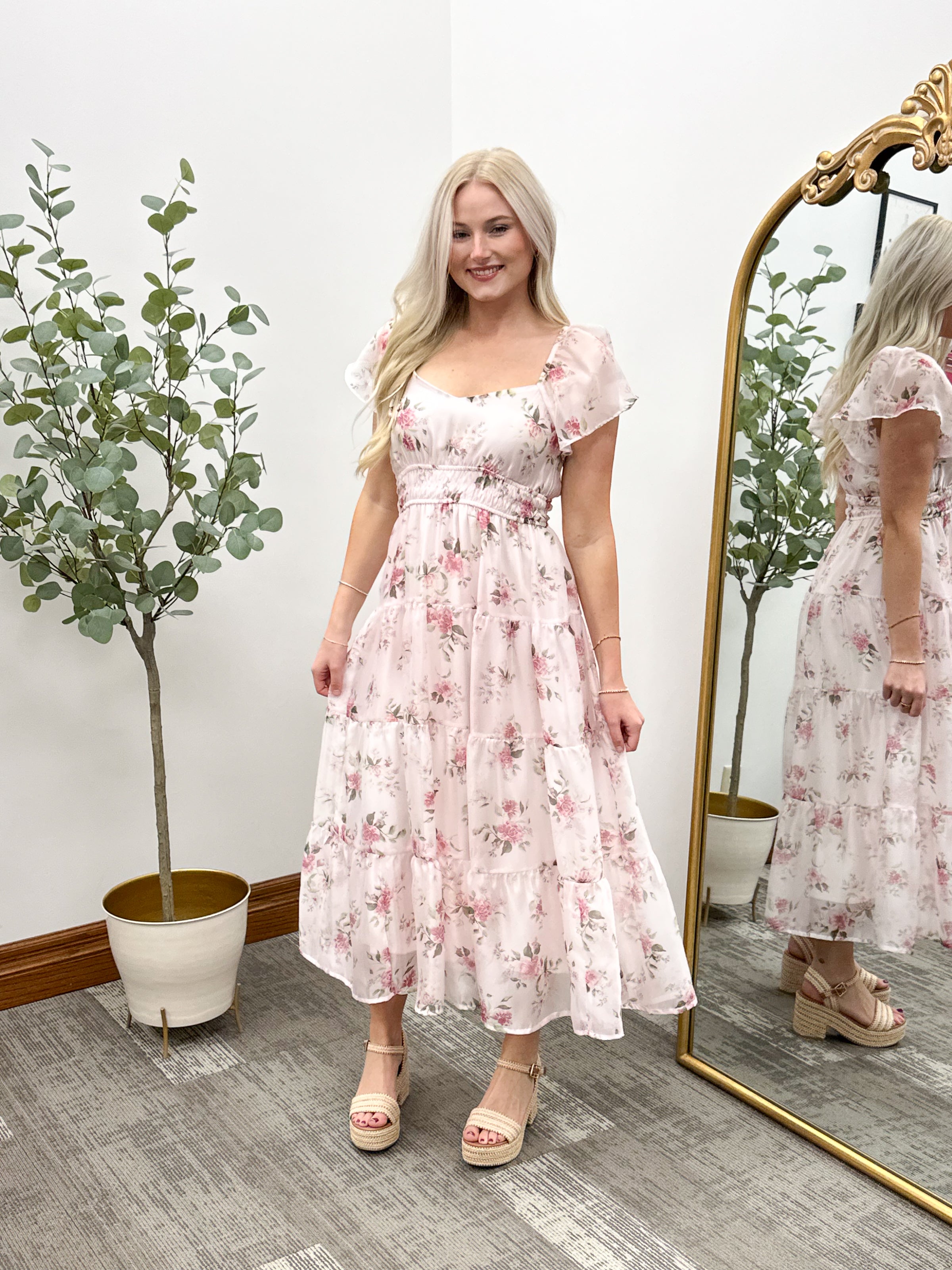 Pink Floral Midi Dress