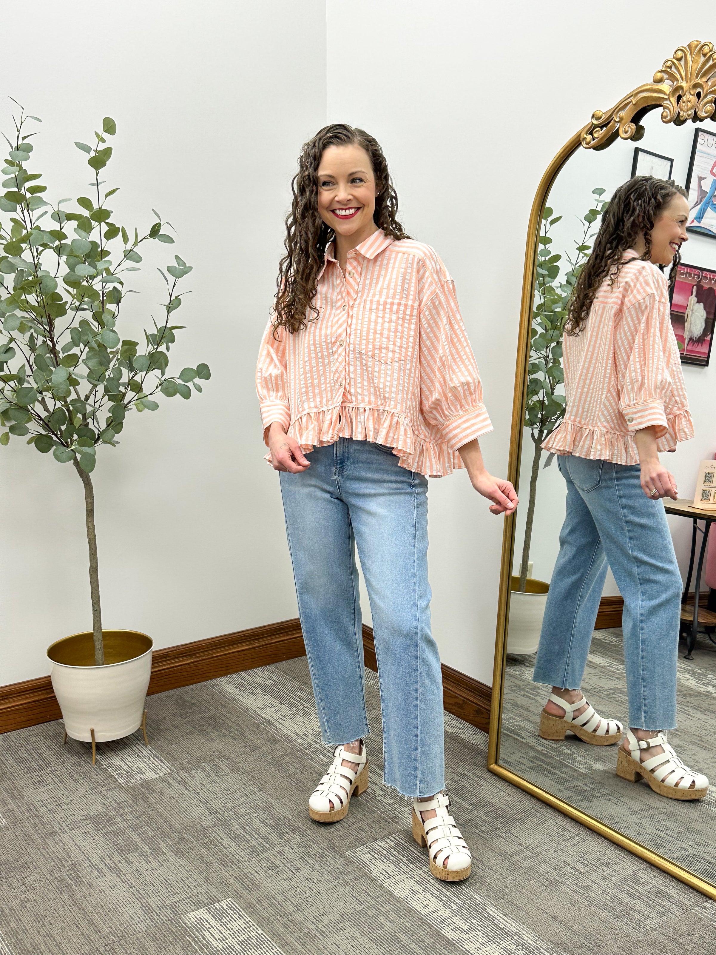 Peach Striped Ruffle Hem Top