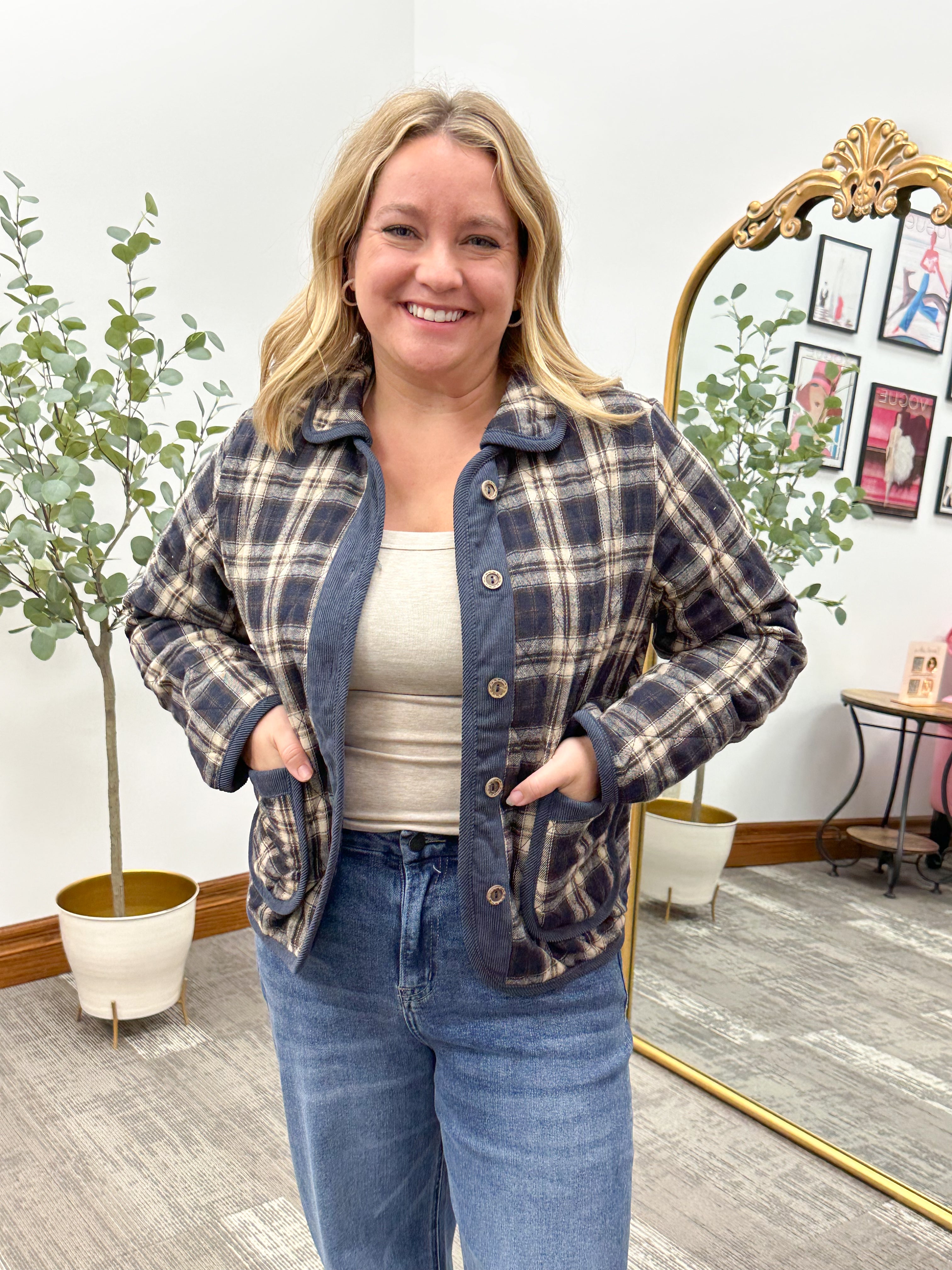 Navy Plaid Quilted Jacket