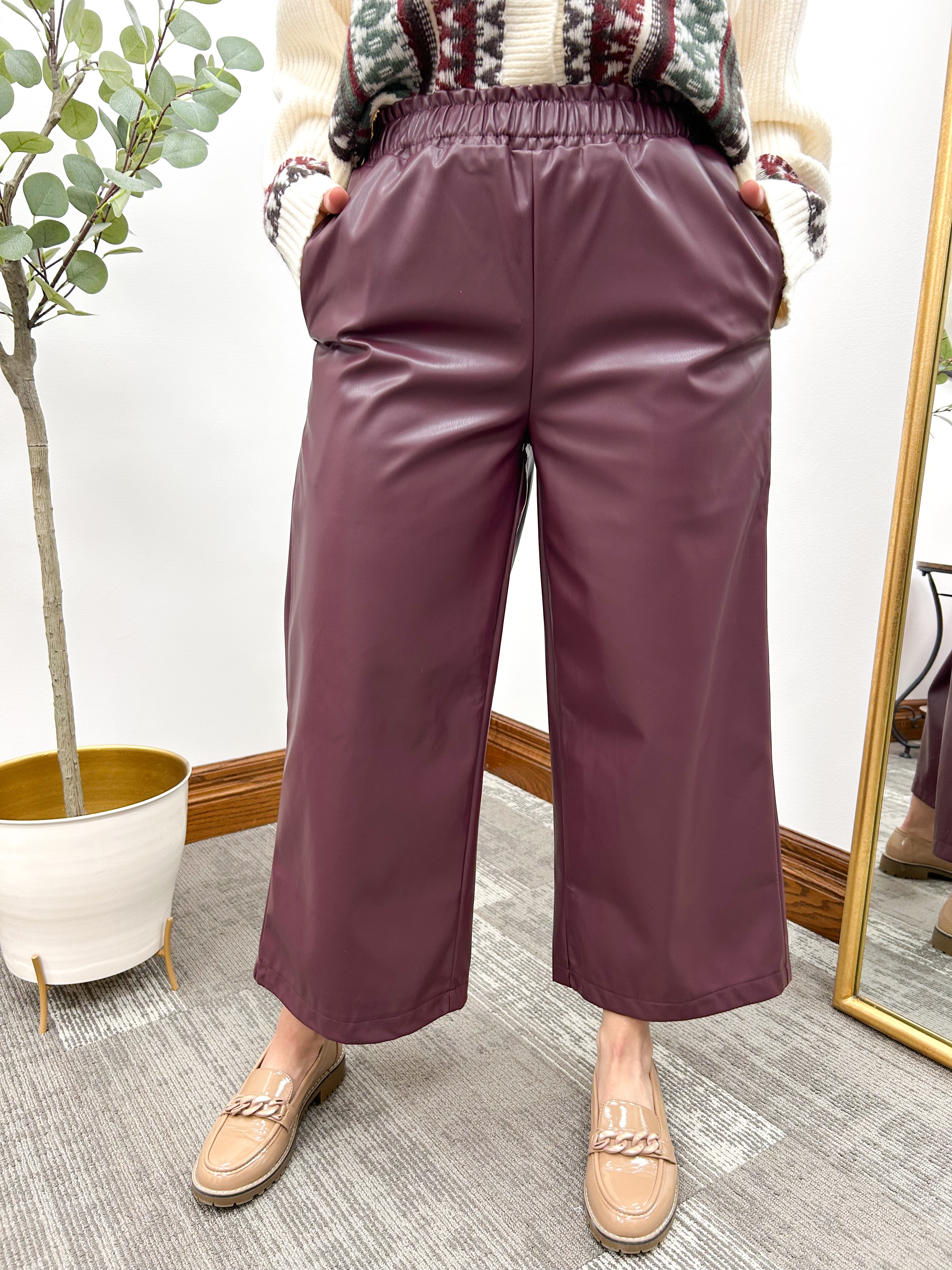 Maroon Faux Leather Culotte Pants