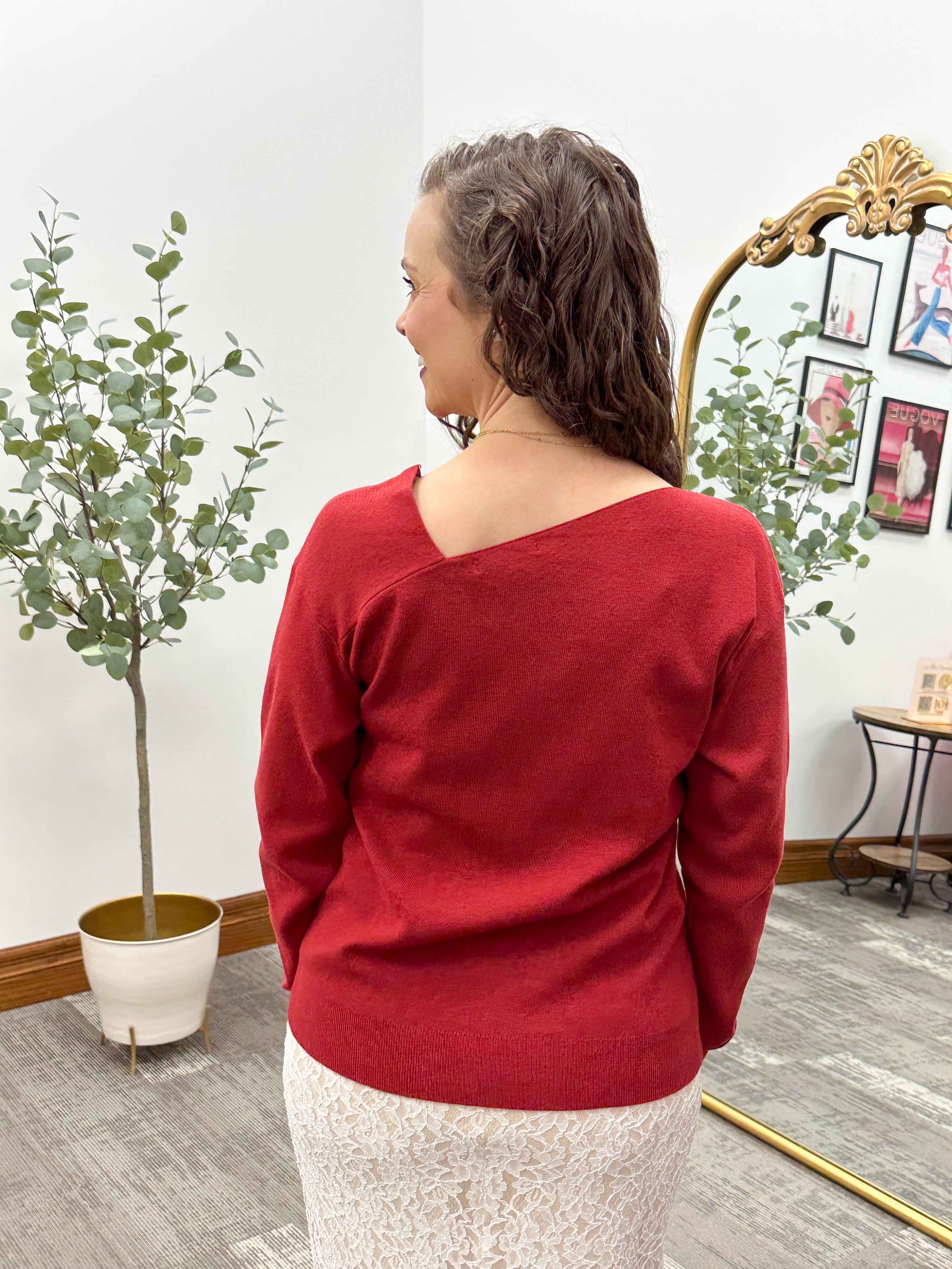 Red Asymmetric Neckline Sweater