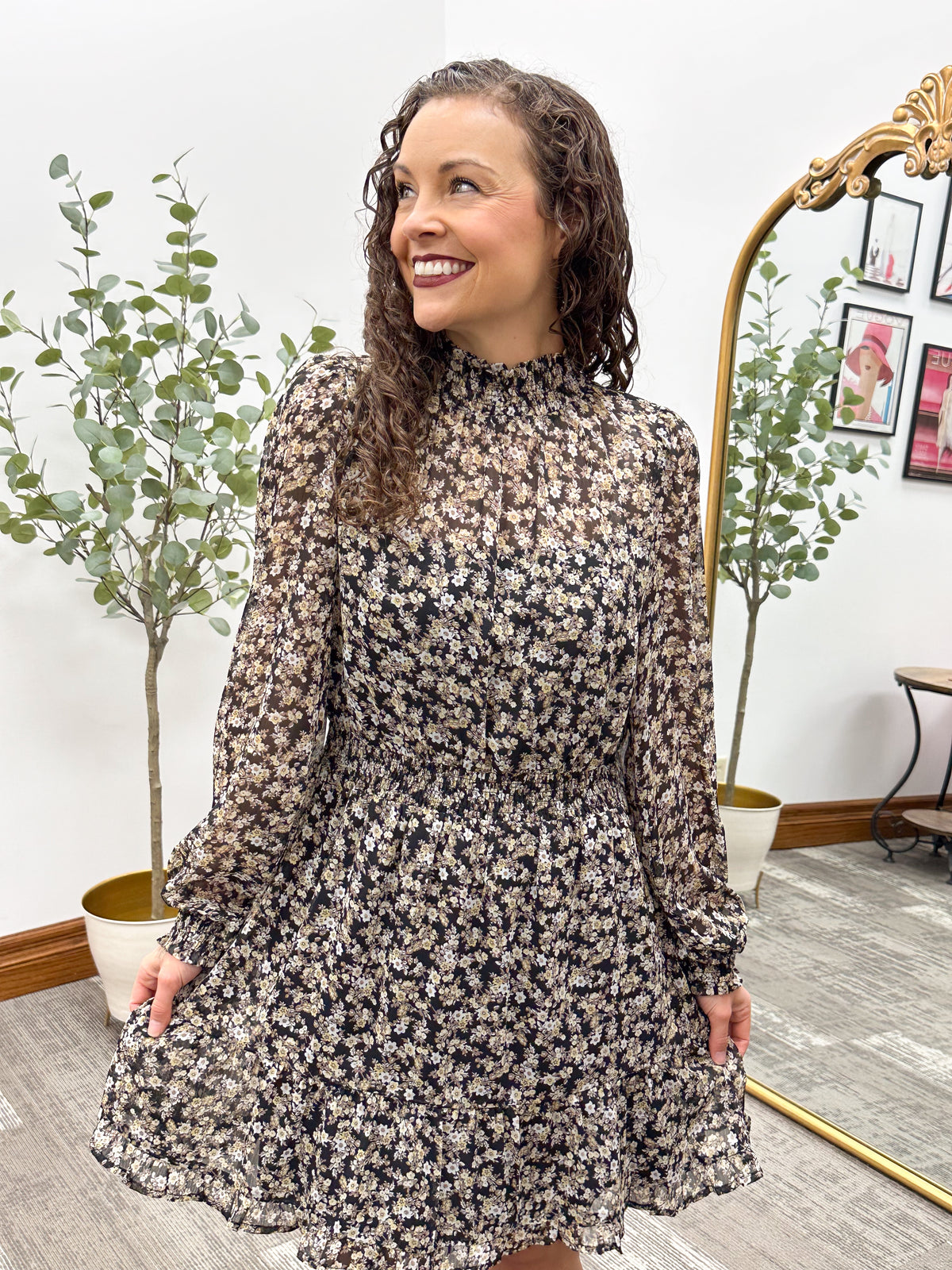 Black floral long sleeve mini dress